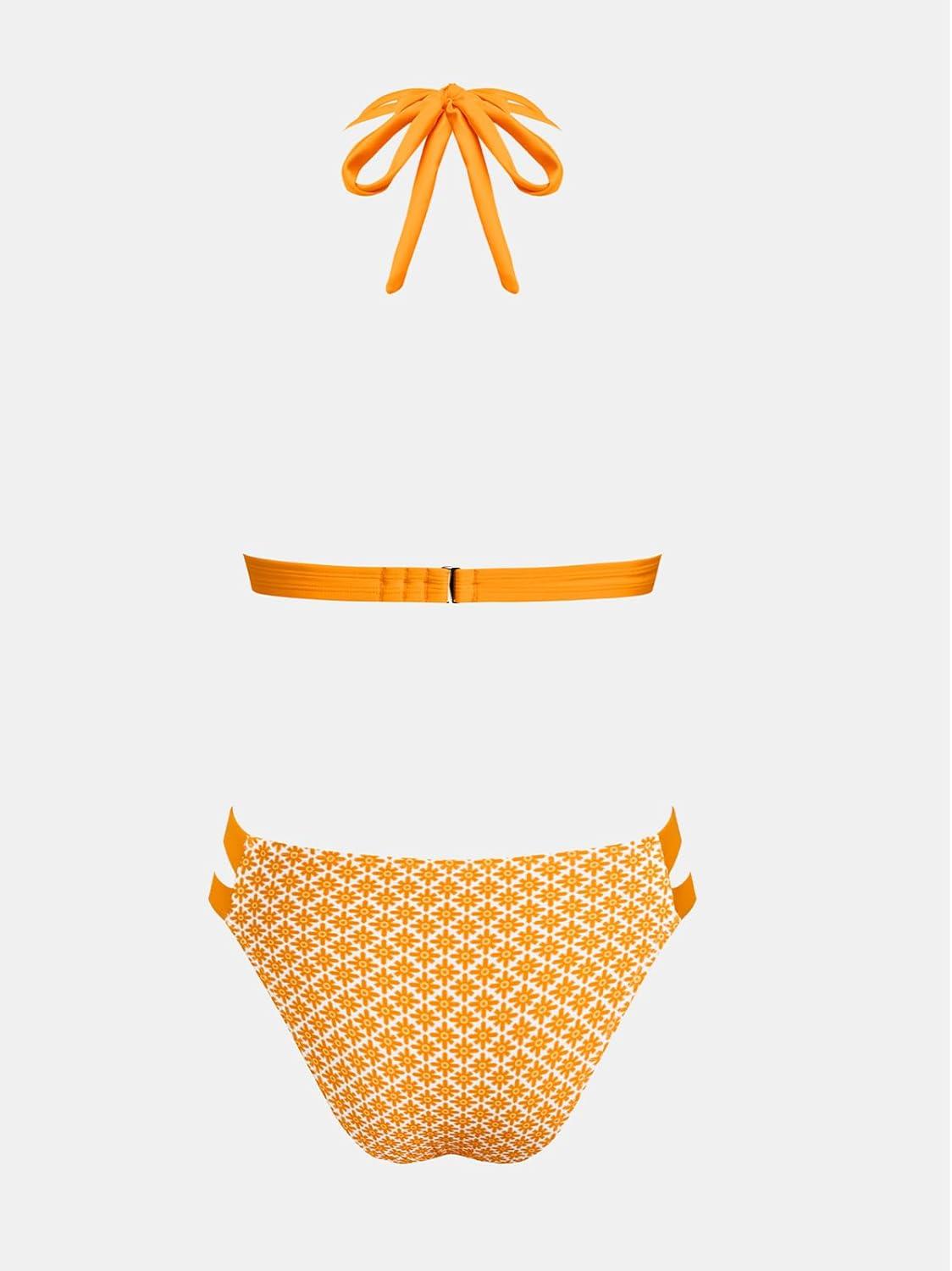 imageCUPSHE Womens Bikini Sets Two Piece Swimsuit Halter V Neck Back Hook Cutout Stitching Cheeky BottomYellow Floral