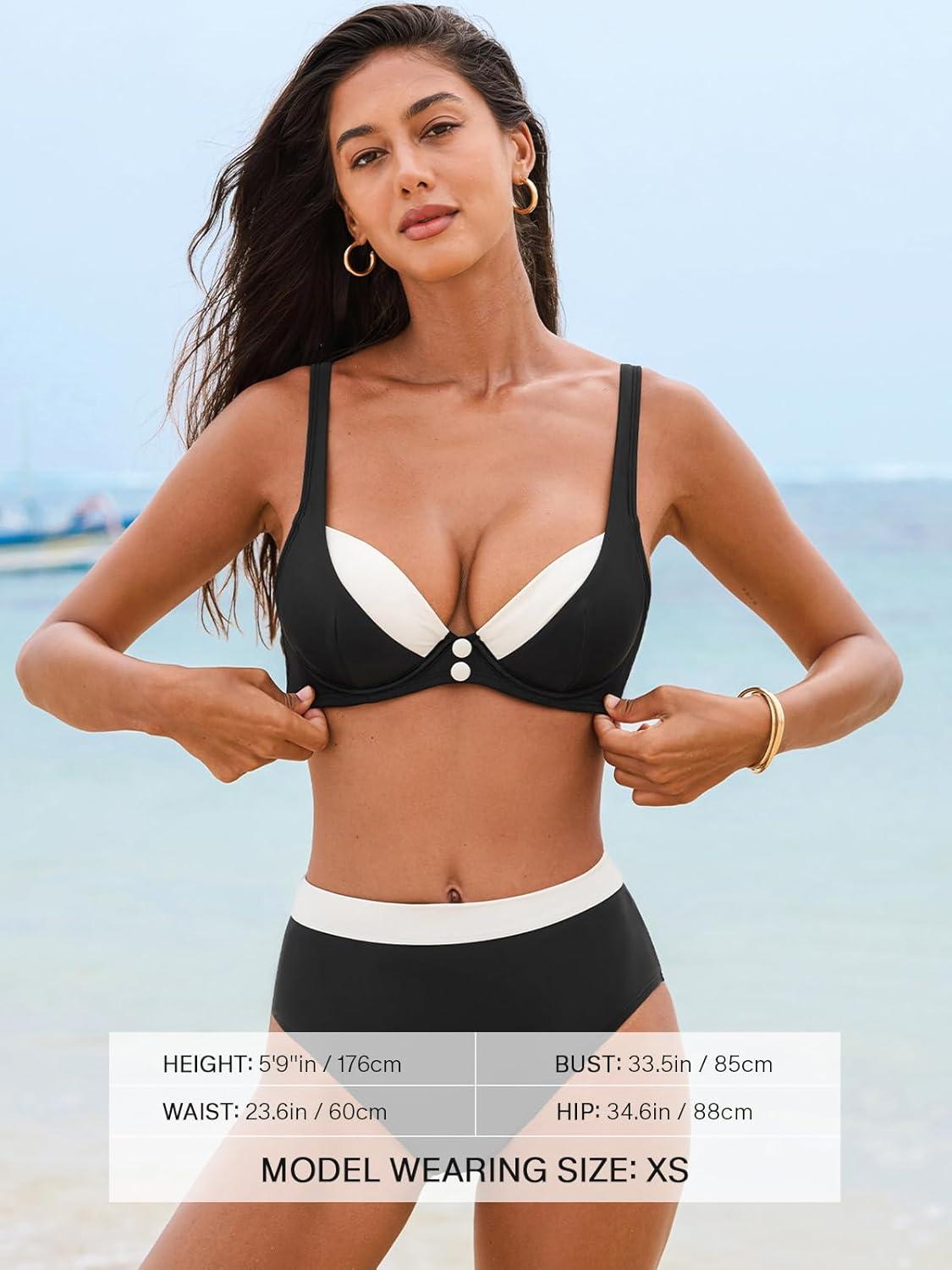 imageCUPSHE Womens Bikini Sets Two Piece Swimsuit Underwire High Waisted Bathing Suit Back Hook Color BlockBlackBeige