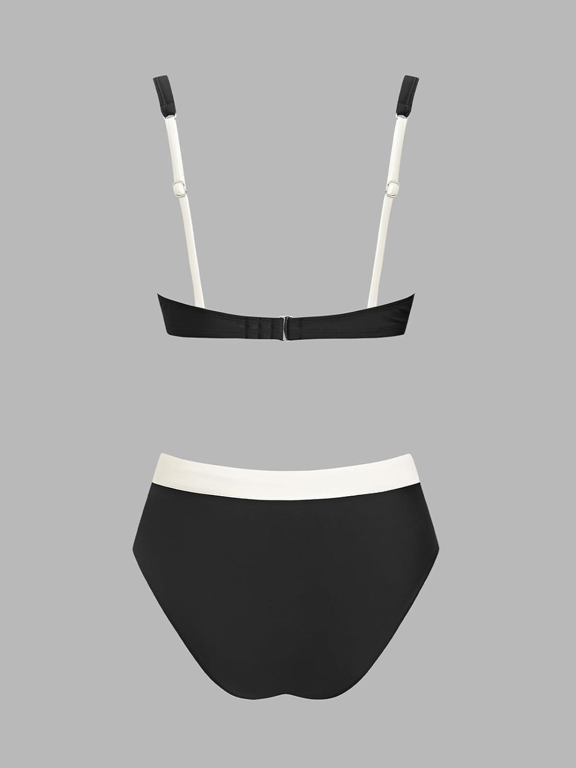 imageCUPSHE Womens Bikini Sets Two Piece Swimsuit Underwire High Waisted Bathing Suit Back Hook Color BlockBlackBeige