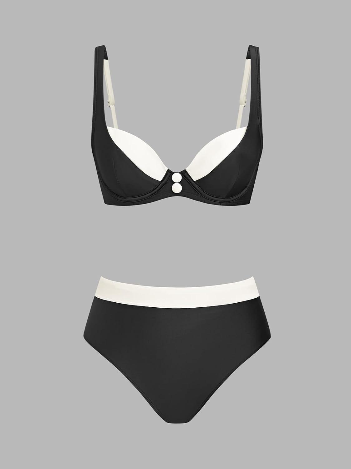 imageCUPSHE Womens Bikini Sets Two Piece Swimsuit Underwire High Waisted Bathing Suit Back Hook Color BlockBlackBeige