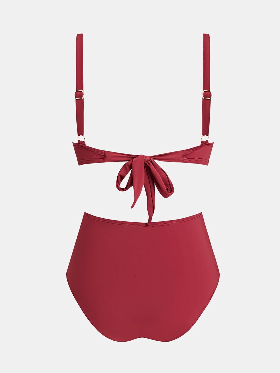 imageCUPSHE Womens Bikini Sets Two Piece Swimsuit Underwire V Neck High Waisted Ruching Adjustable Straps Back TieDark Red