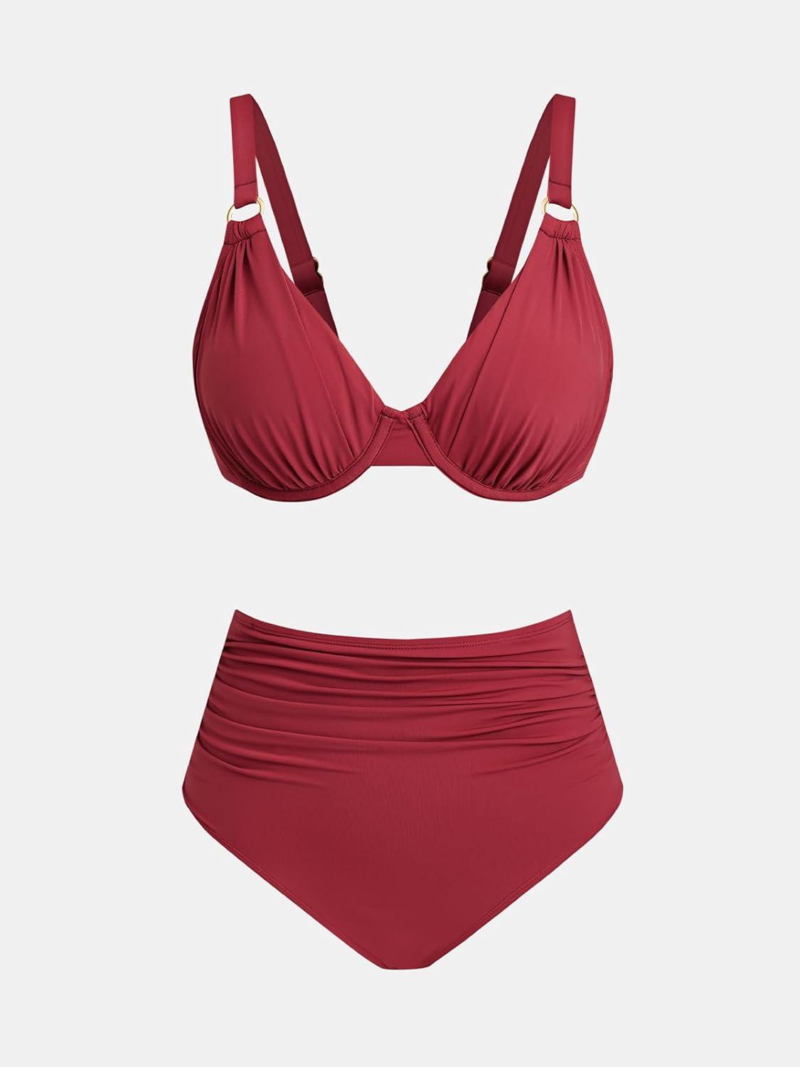 imageCUPSHE Womens Bikini Sets Two Piece Swimsuit Underwire V Neck High Waisted Ruching Adjustable Straps Back TieDark Red