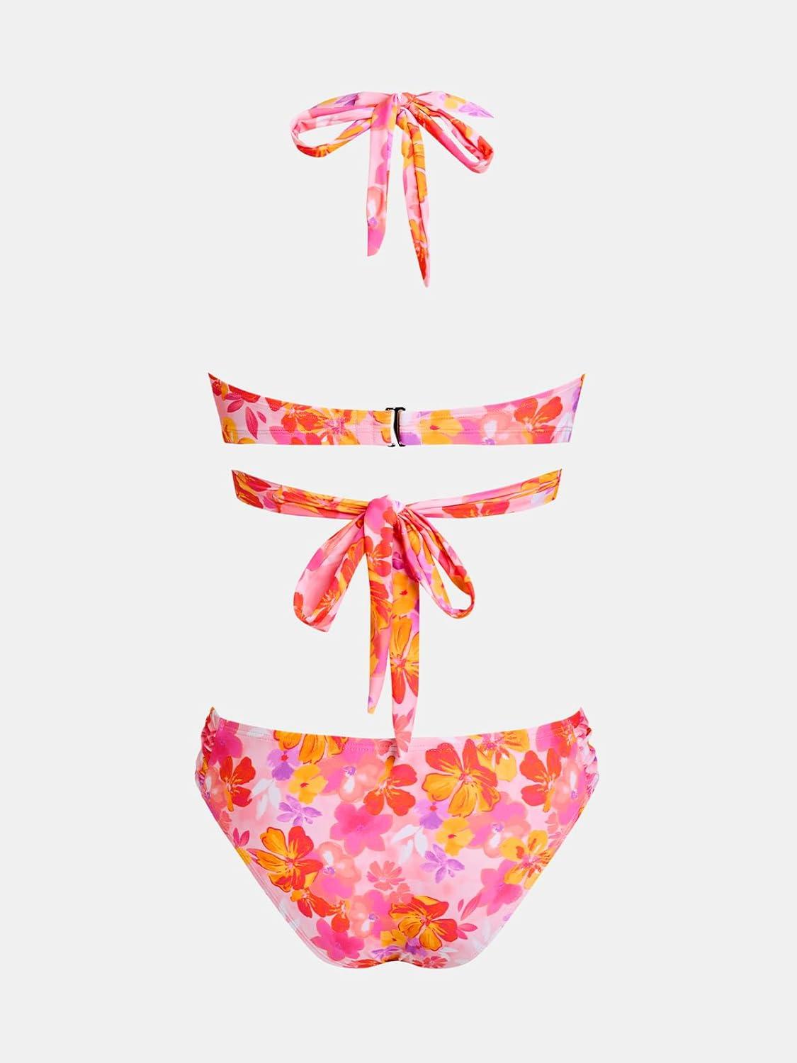 imageCUPSHE Womens Bikini Sets Two Piece Swimsuit V Neck Wrap Bralette Back Hook Self Tie Halter Bathing SuitPinkYellow Floral