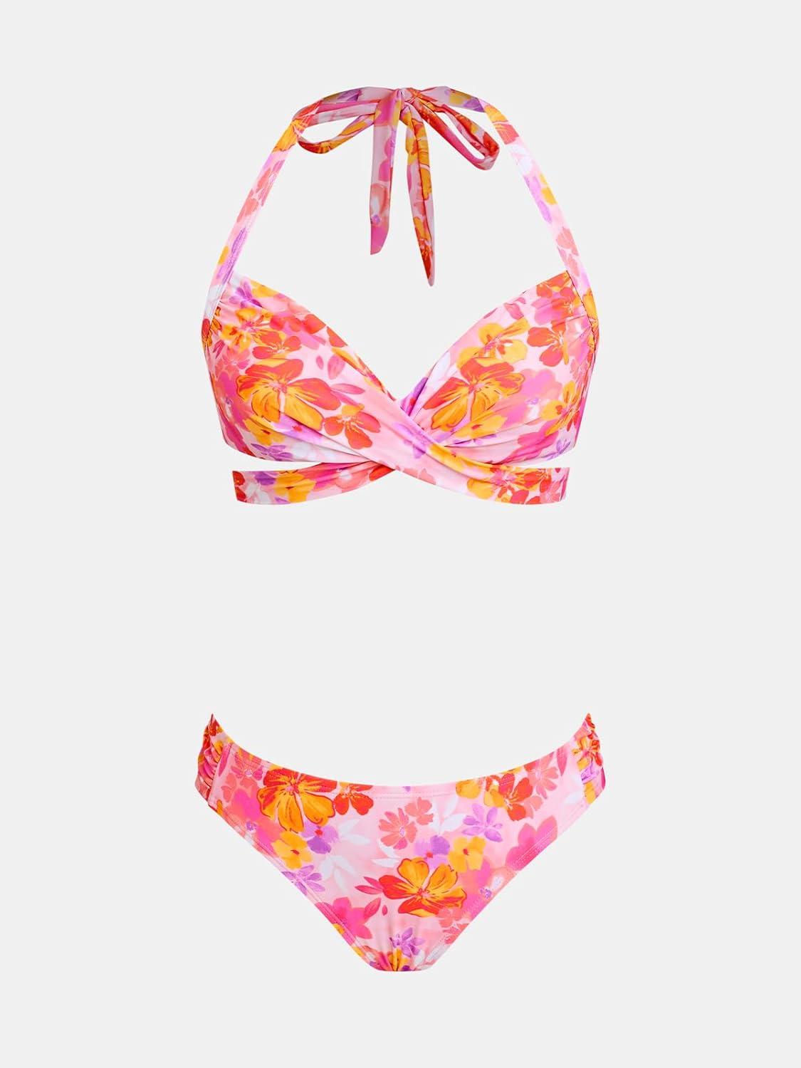 imageCUPSHE Womens Bikini Sets Two Piece Swimsuit V Neck Wrap Bralette Back Hook Self Tie Halter Bathing SuitPinkYellow Floral