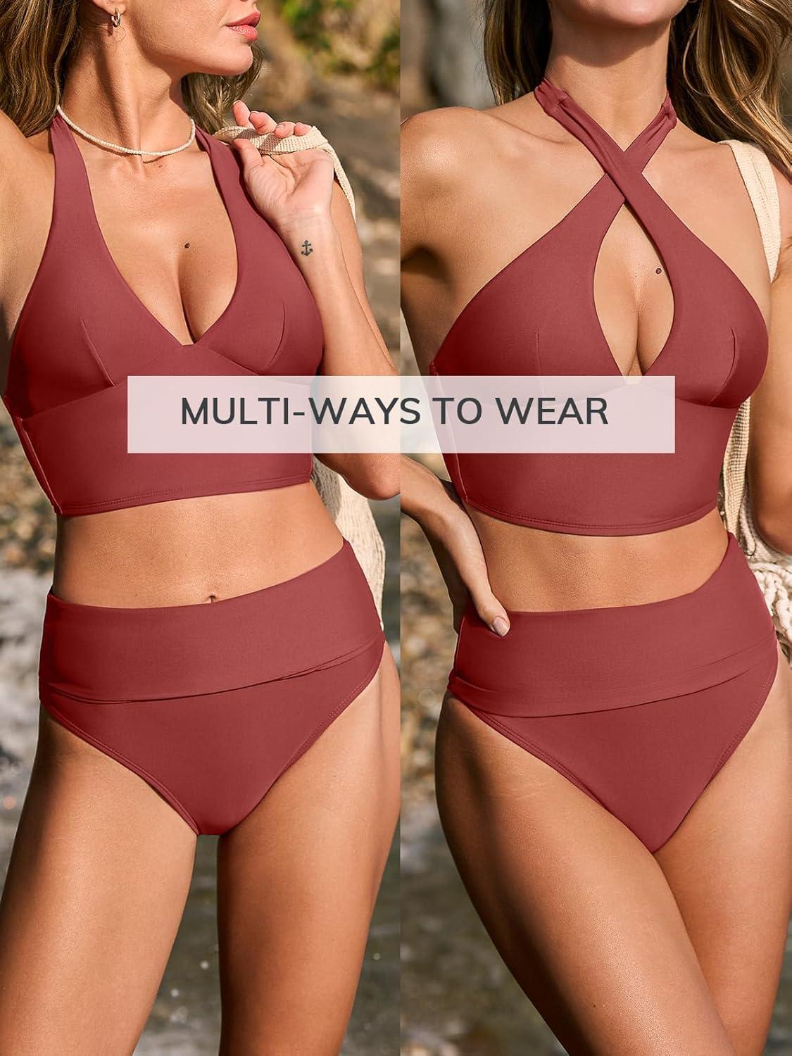 imageCUPSHE Womens Bikini Sets V Neck High Waisted Two Piece Swimsuit Halter Back Self Tie Bathing SuitBurgundy Red