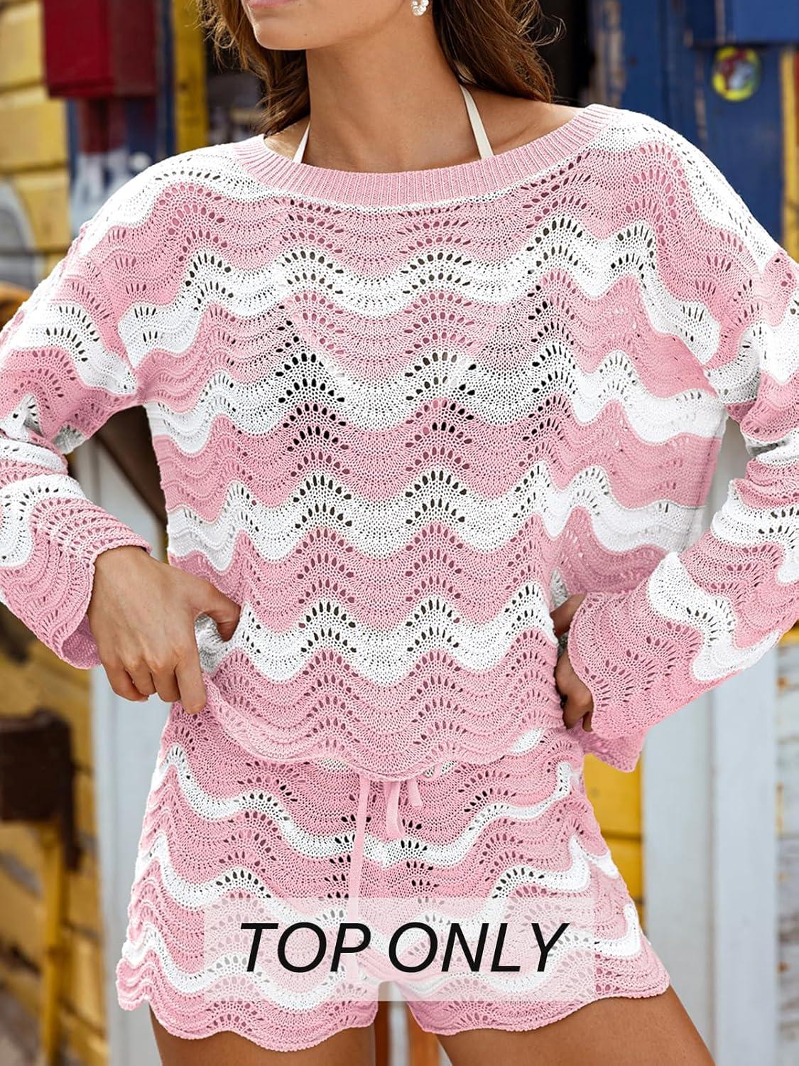 imageCUPSHE Womens Crochet Cover Up Long Sleeve Striped Beach Cover Up Top Summer Casual Knit Tops for SwimwearTop OnlyPink Stripes