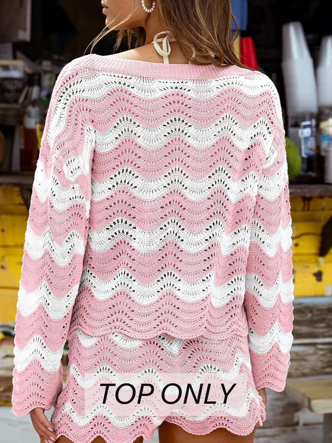 imageCUPSHE Womens Crochet Cover Up Long Sleeve Striped Beach Cover Up Top Summer Casual Knit Tops for SwimwearTop OnlyPink Stripes