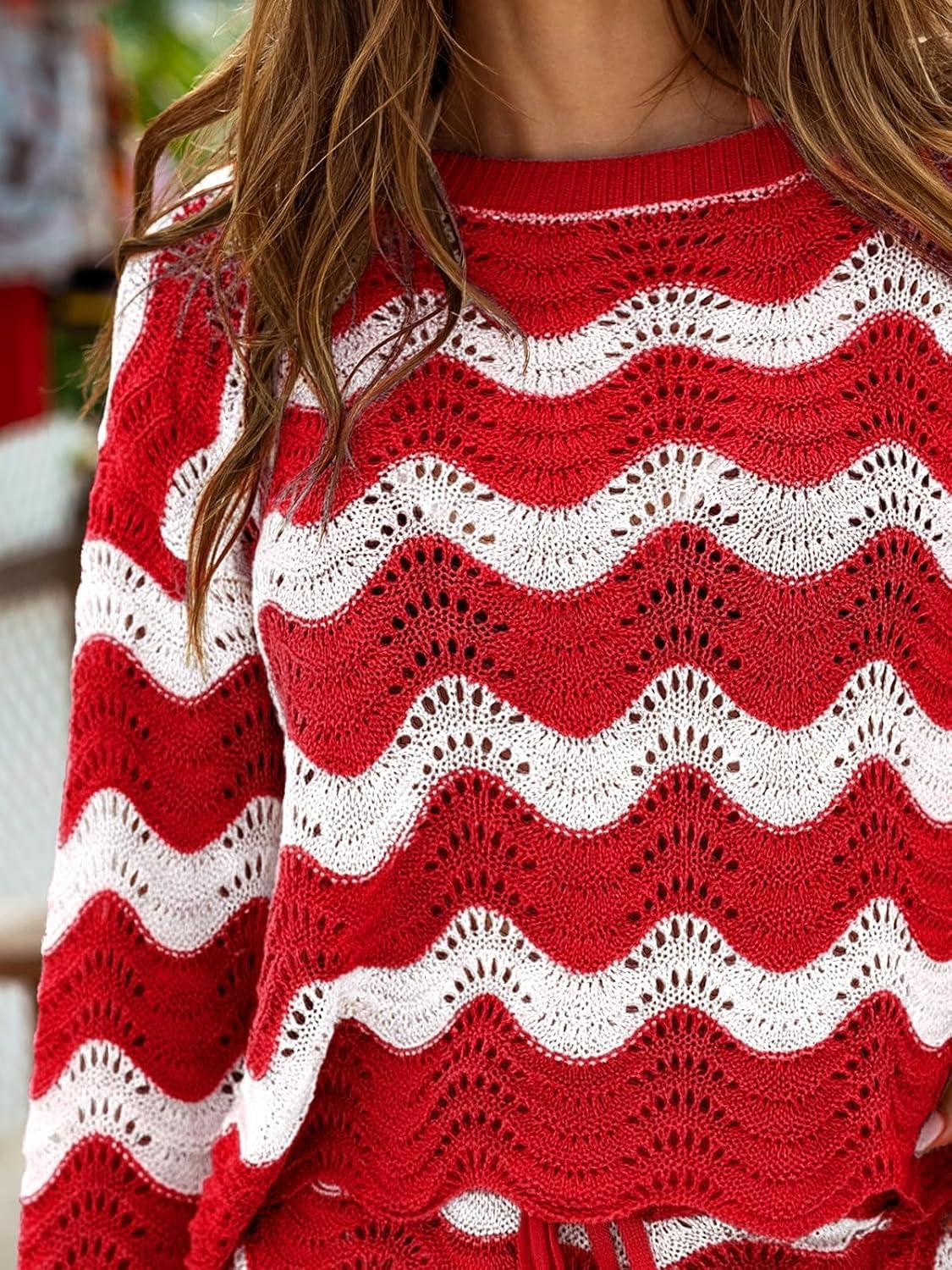 imageCUPSHE Womens Crochet Cover Up Long Sleeve Striped Beach Cover Up Top Summer Casual Knit Tops for SwimwearTop OnlyRed Stripes