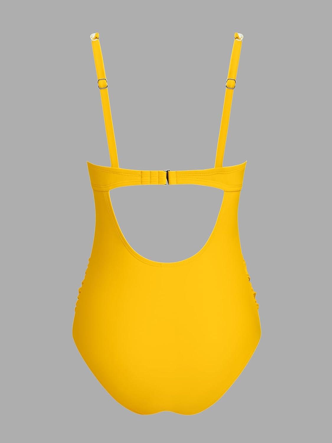 imageCUPSHE Womens Maternity One Piece Swimsuit Adjustable Strap Ruched Shell Stitched Back Cutout Bathing Suit for PregnancyYellow