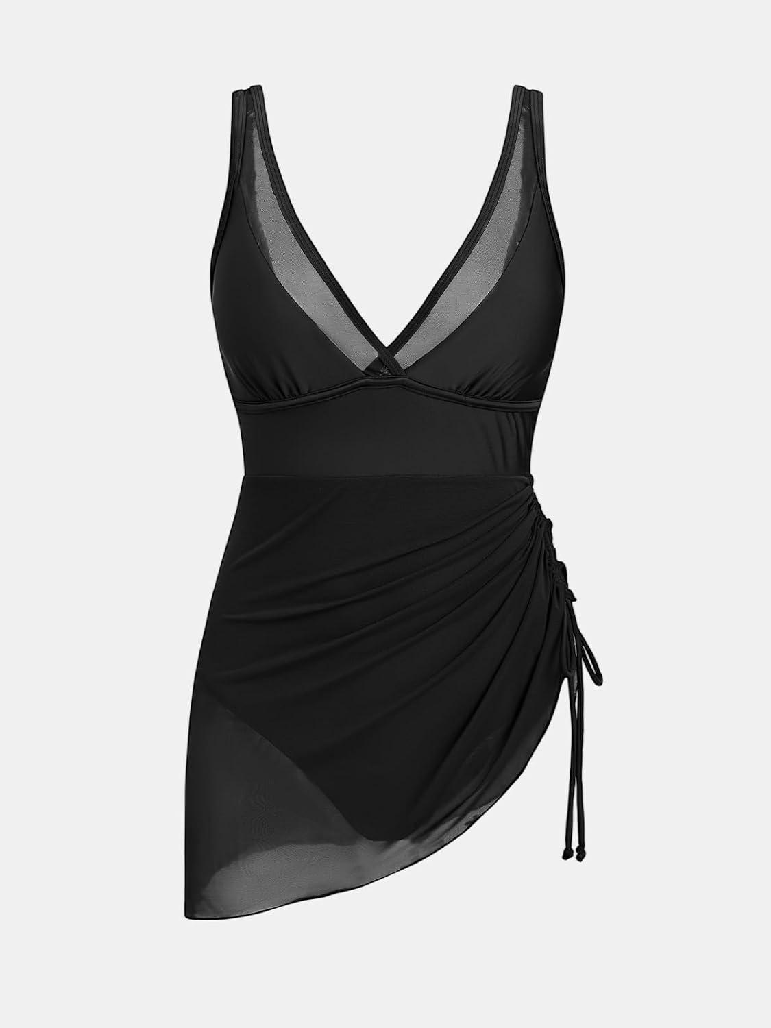 imageCUPSHE Womens One Piece Swim Dress Tummy Control Swimsuit Mesh Sheer Sarong Drawstring Adjustable Bathing SuitBlack