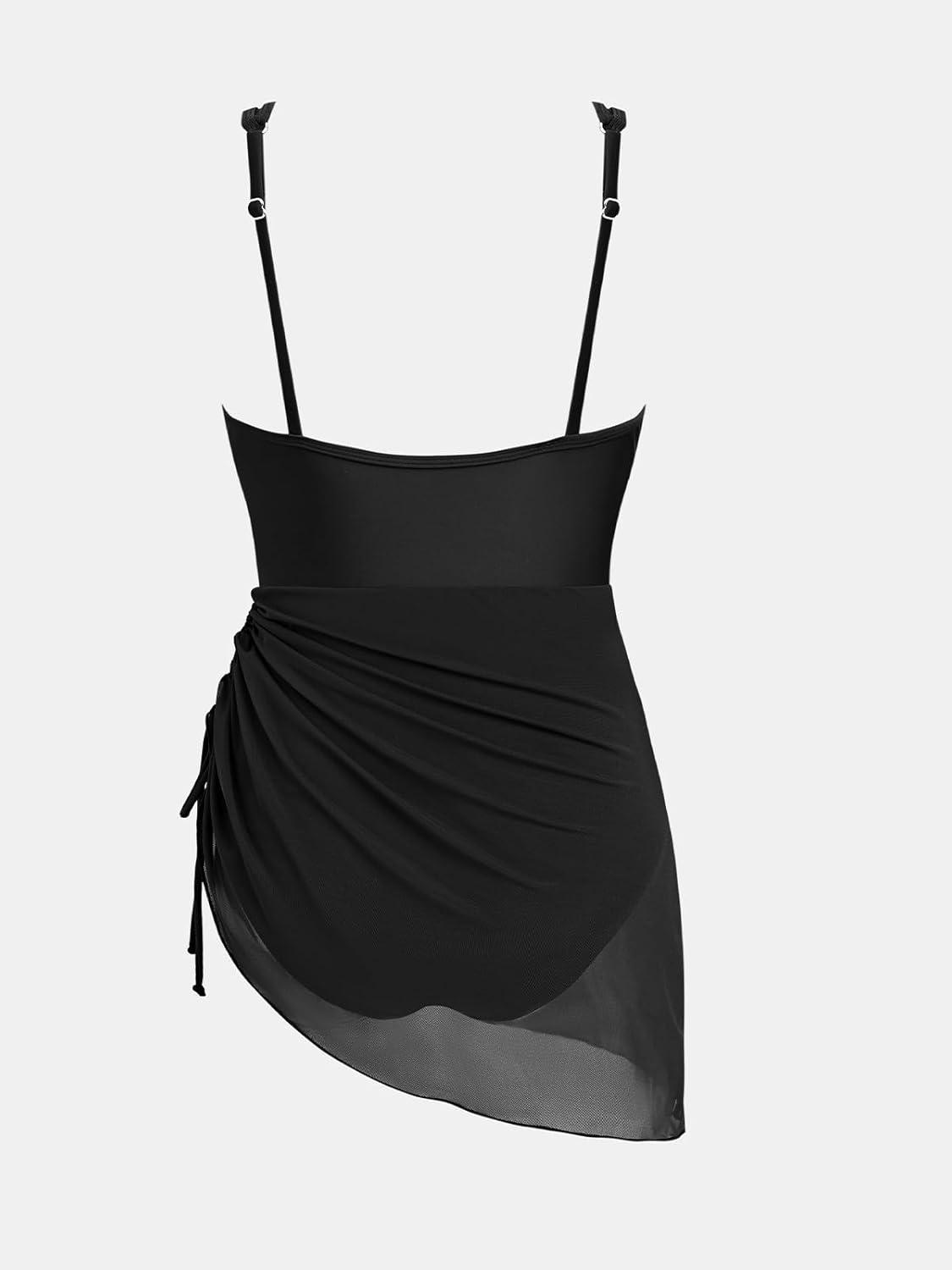 imageCUPSHE Womens One Piece Swim Dress Tummy Control Swimsuit Mesh Sheer Sarong Drawstring Adjustable Bathing SuitBlack