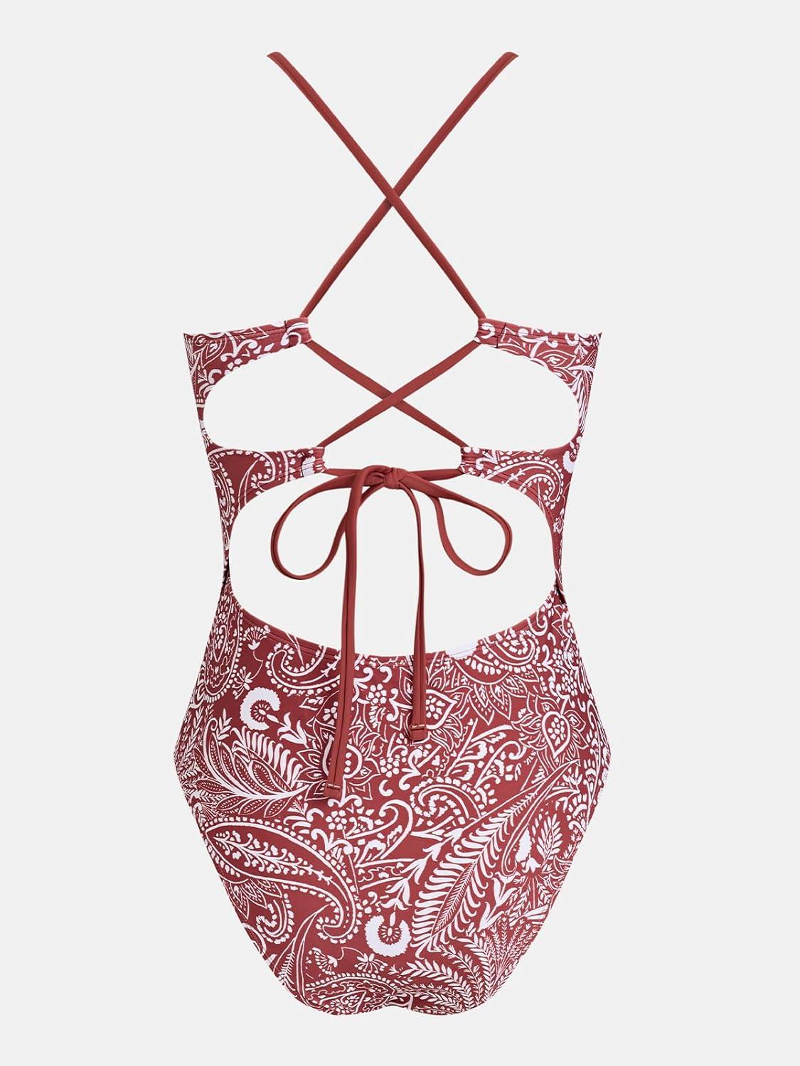 imageCUPSHE Womens One Piece Swimsuit Bandeau Neck Cutout Adjustable Crisscross Self Tie Bathing Suit Ruching SwimwearBurgundyPaisley