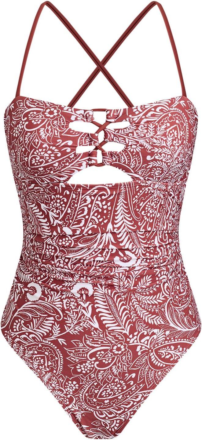 imageCUPSHE Womens One Piece Swimsuit Bandeau Neck Cutout Adjustable Crisscross Self Tie Bathing Suit Ruching SwimwearBurgundyPaisley