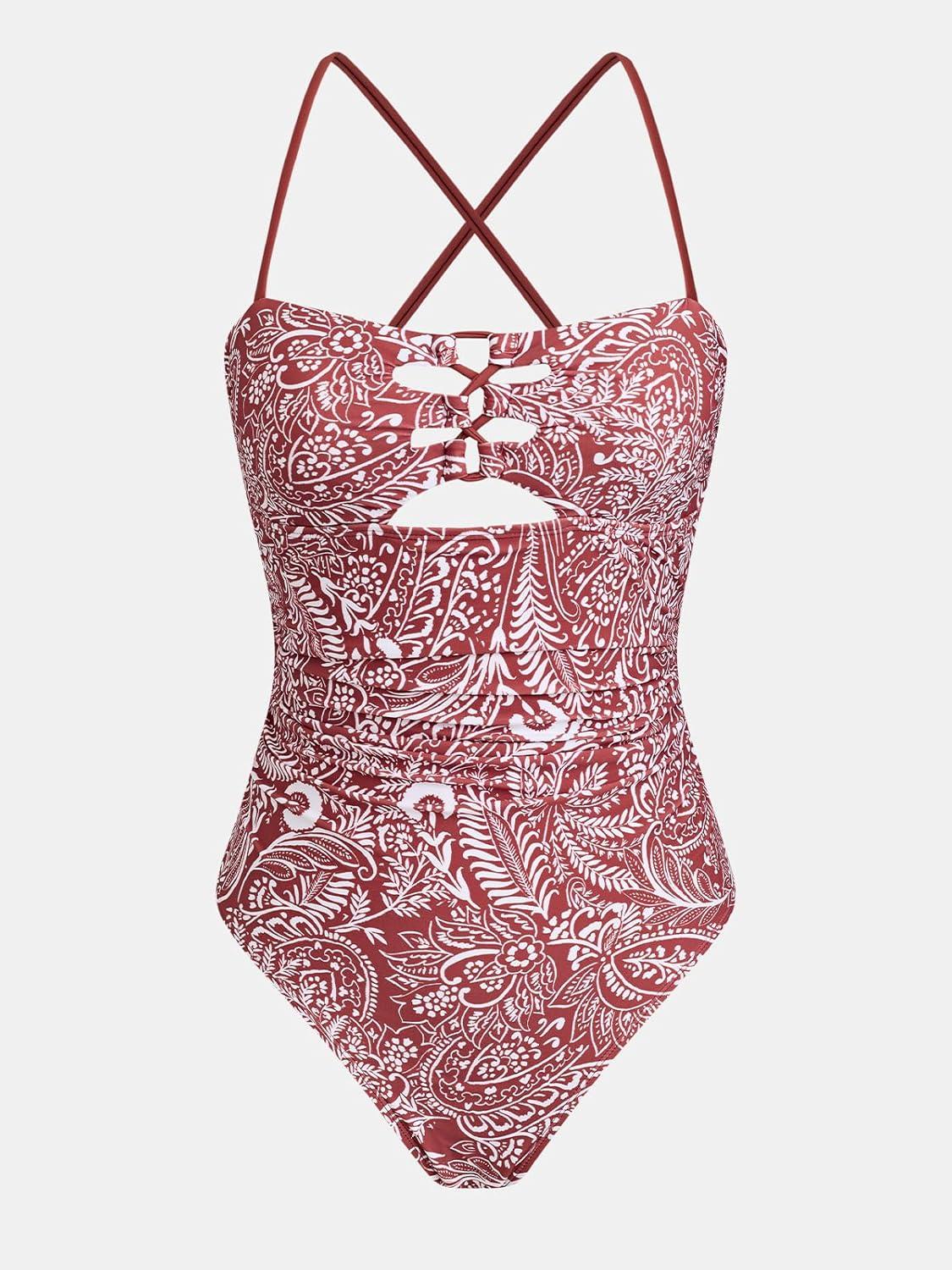 imageCUPSHE Womens One Piece Swimsuit Bandeau Neck Cutout Adjustable Crisscross Self Tie Bathing Suit Ruching SwimwearBurgundyPaisley