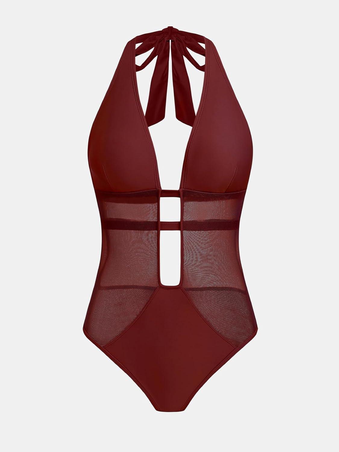 imageCUPSHE Womens One Piece Swimsuit Bathing Suit Deep V Neck Halter Back Tie Mesh SwimwearBurgundy Red