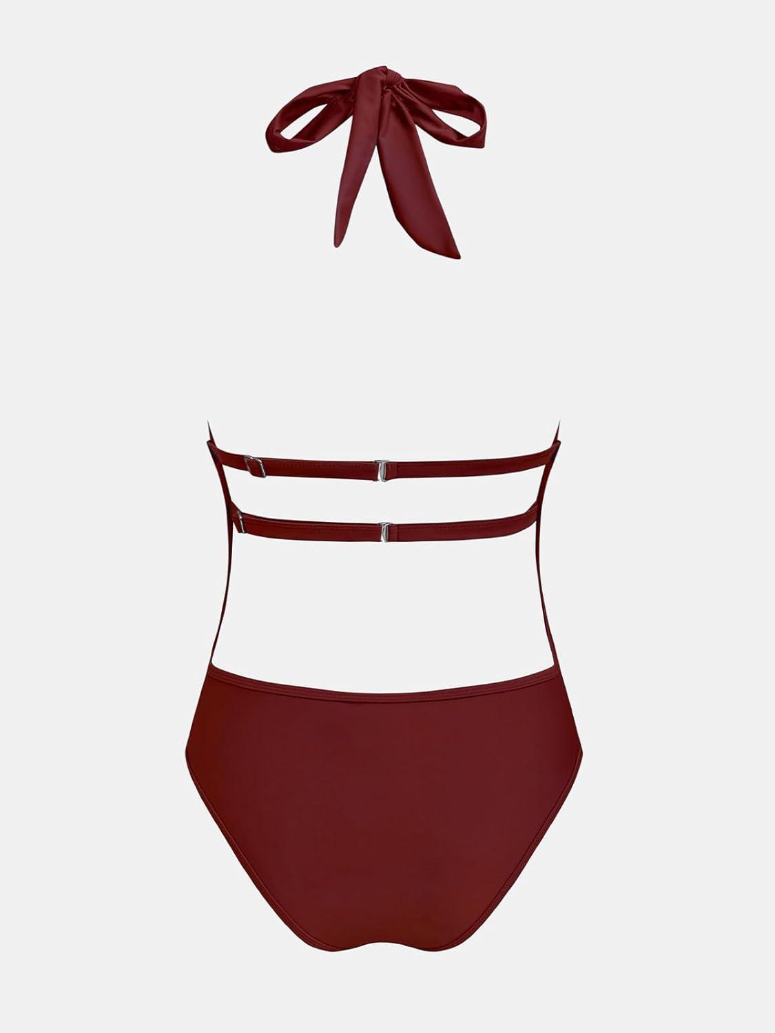 imageCUPSHE Womens One Piece Swimsuit Bathing Suit Deep V Neck Halter Back Tie Mesh SwimwearBurgundy Red