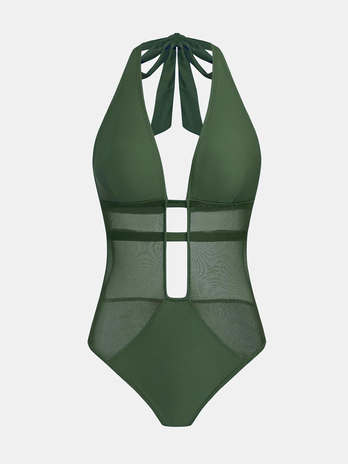 imageCUPSHE Womens One Piece Swimsuit Bathing Suit Deep V Neck Halter Back Tie Mesh SwimwearEucalyptus Green