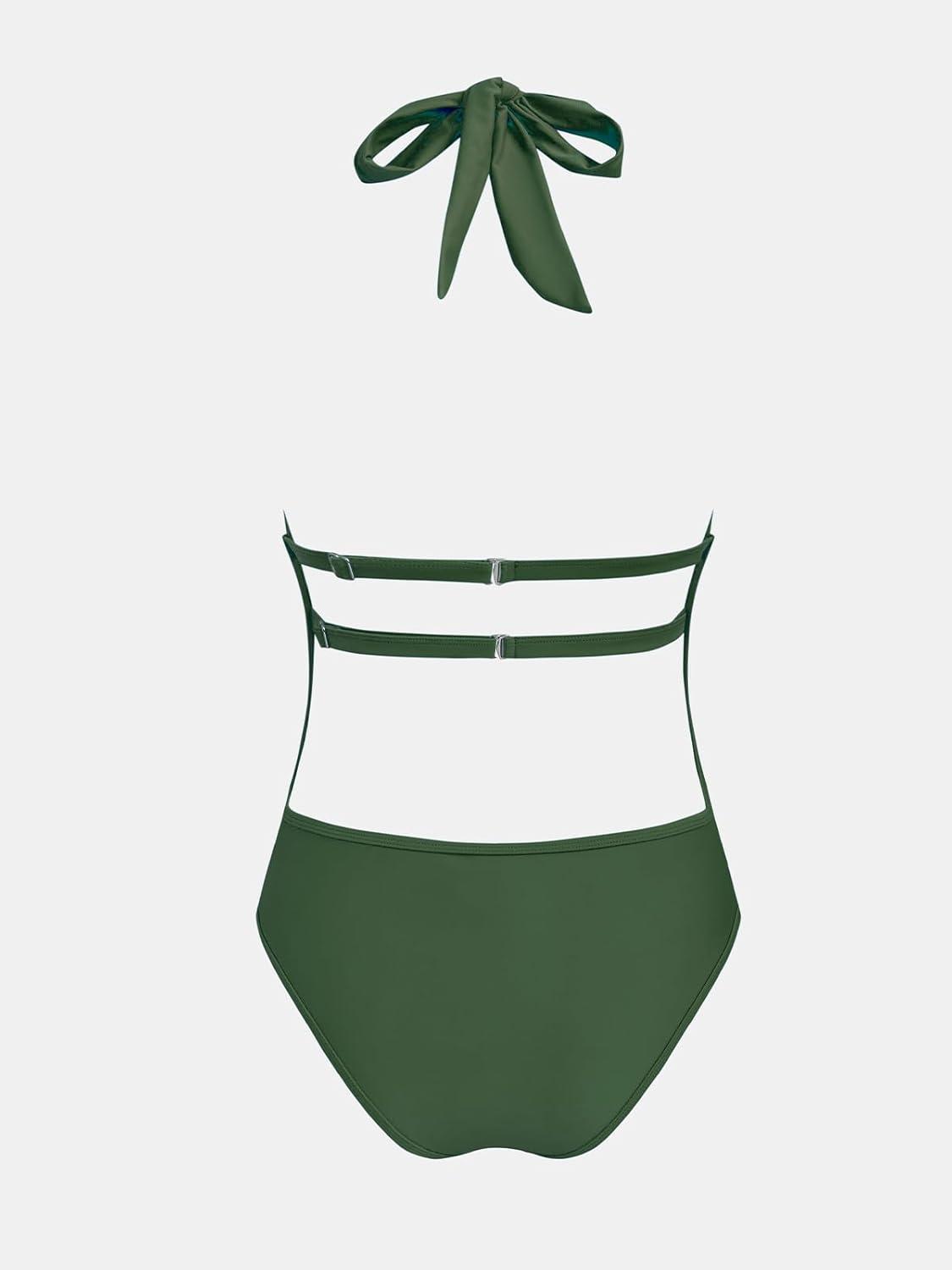 imageCUPSHE Womens One Piece Swimsuit Bathing Suit Deep V Neck Halter Back Tie Mesh SwimwearEucalyptus Green