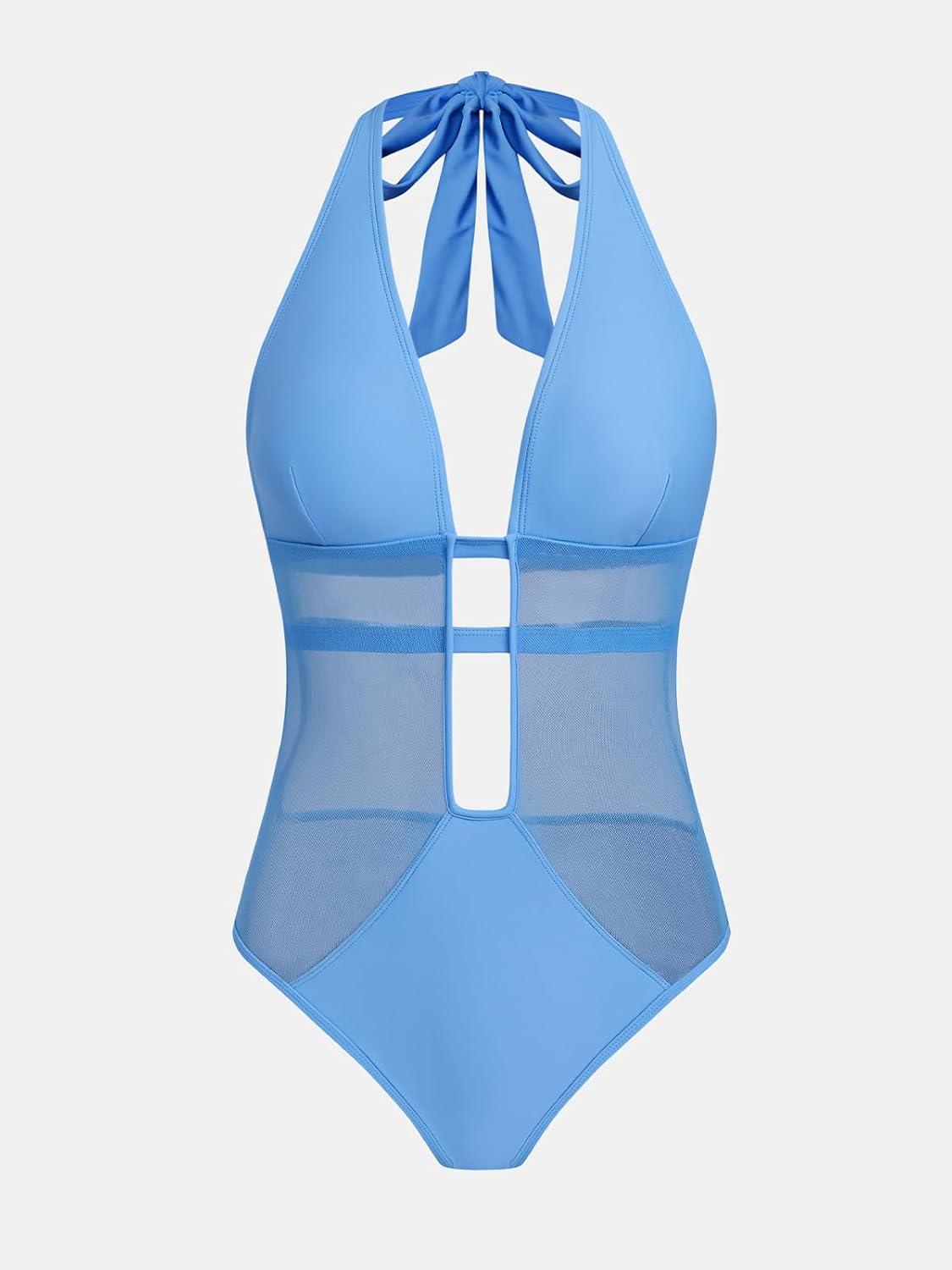 imageCUPSHE Womens One Piece Swimsuit Bathing Suit Deep V Neck Halter Back Tie Mesh SwimwearSky Blue