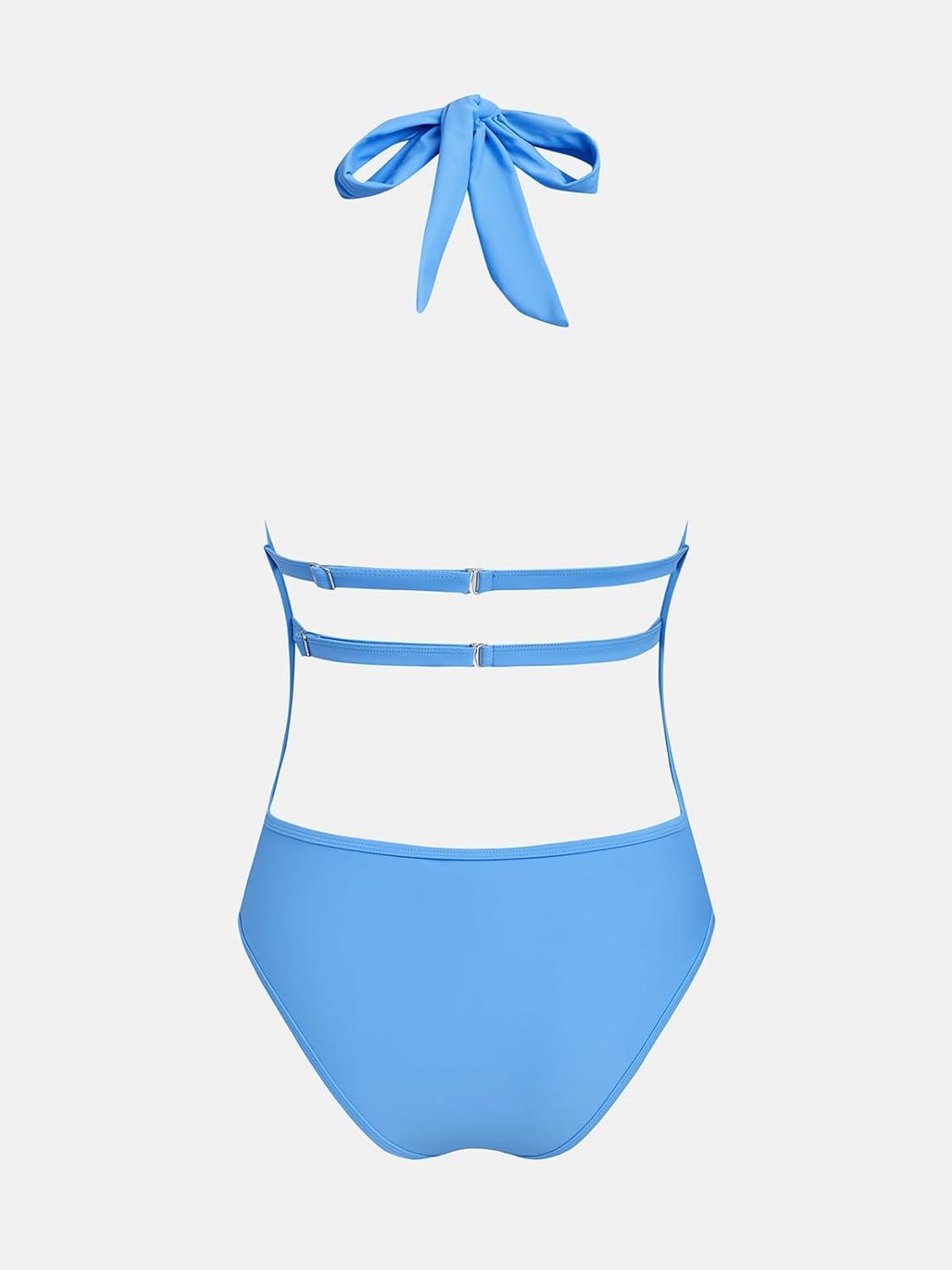 imageCUPSHE Womens One Piece Swimsuit Bathing Suit Deep V Neck Halter Back Tie Mesh SwimwearSky Blue