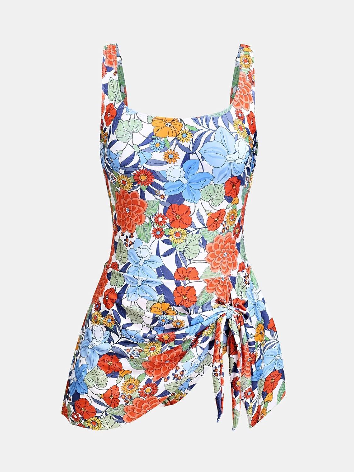 imageCUPSHE Womens One Piece Swimsuit Bathing Suit Scoop Neck Swimdress Wide Straps Tie Knot Swim SkirtOrangeBlue Floral
