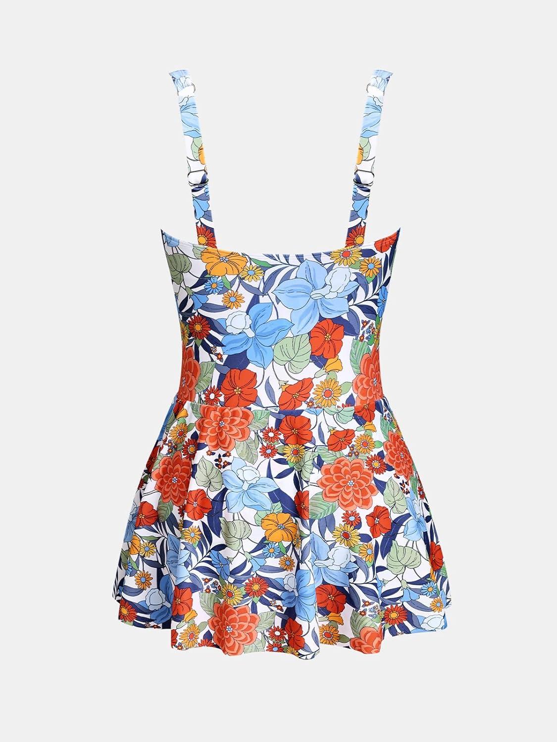 imageCUPSHE Womens One Piece Swimsuit Bathing Suit Scoop Neck Swimdress Wide Straps Tie Knot Swim SkirtOrangeBlue Floral