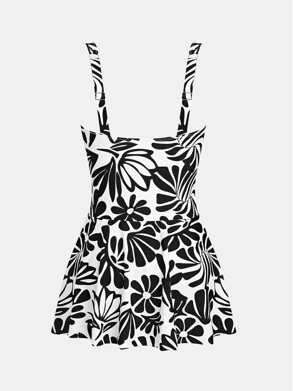 imageCUPSHE Womens One Piece Swimsuit Bathing Suit Scoop Neck Swimdress Wide Straps Tie Knot Swim SkirtWhiteBlack Floral