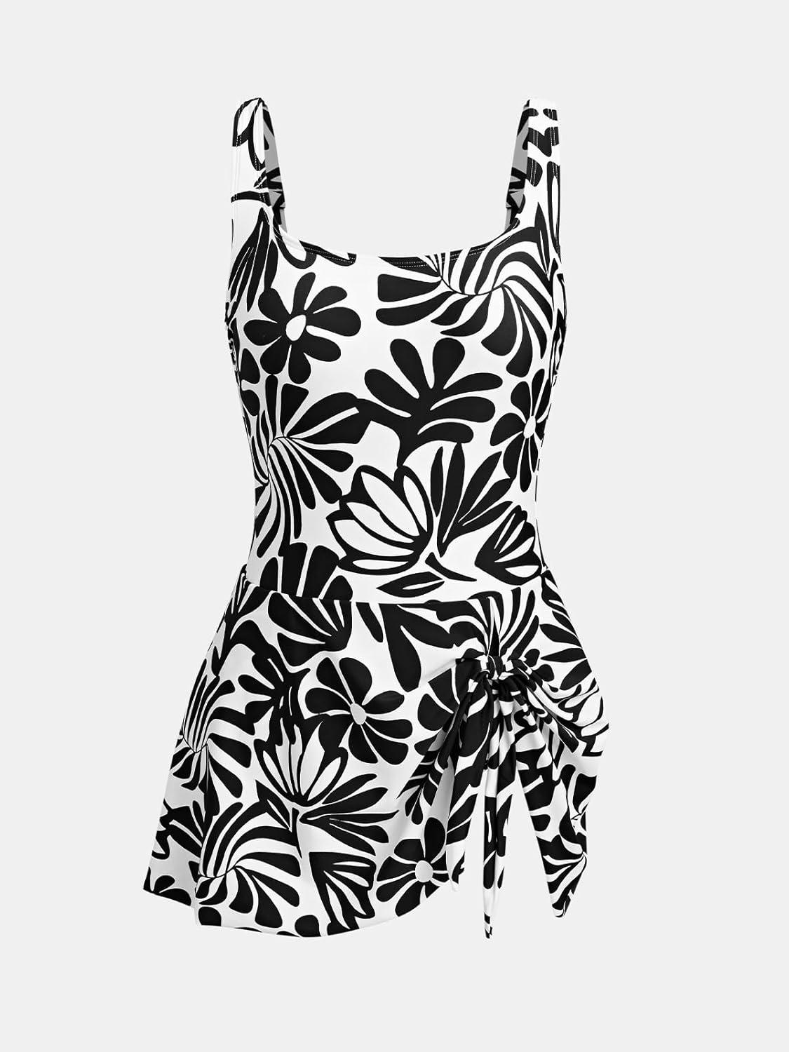 imageCUPSHE Womens One Piece Swimsuit Bathing Suit Scoop Neck Swimdress Wide Straps Tie Knot Swim SkirtWhiteBlack Floral