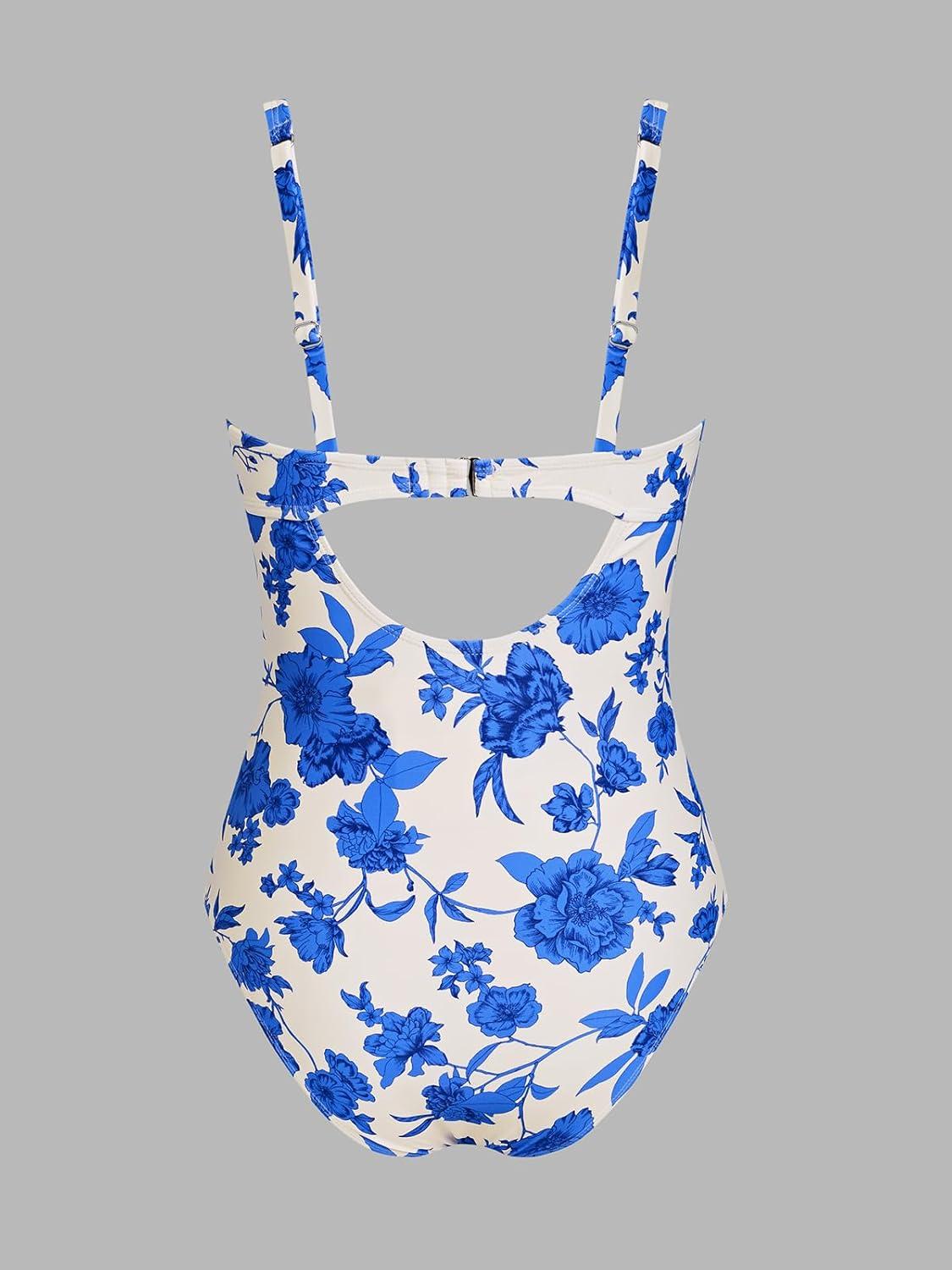 imageCUPSHE Womens One Piece Swimsuit Bathing Suit Square Neck Back Cut Out Drawstring Self Tie Back HookBeigeBlue Floral