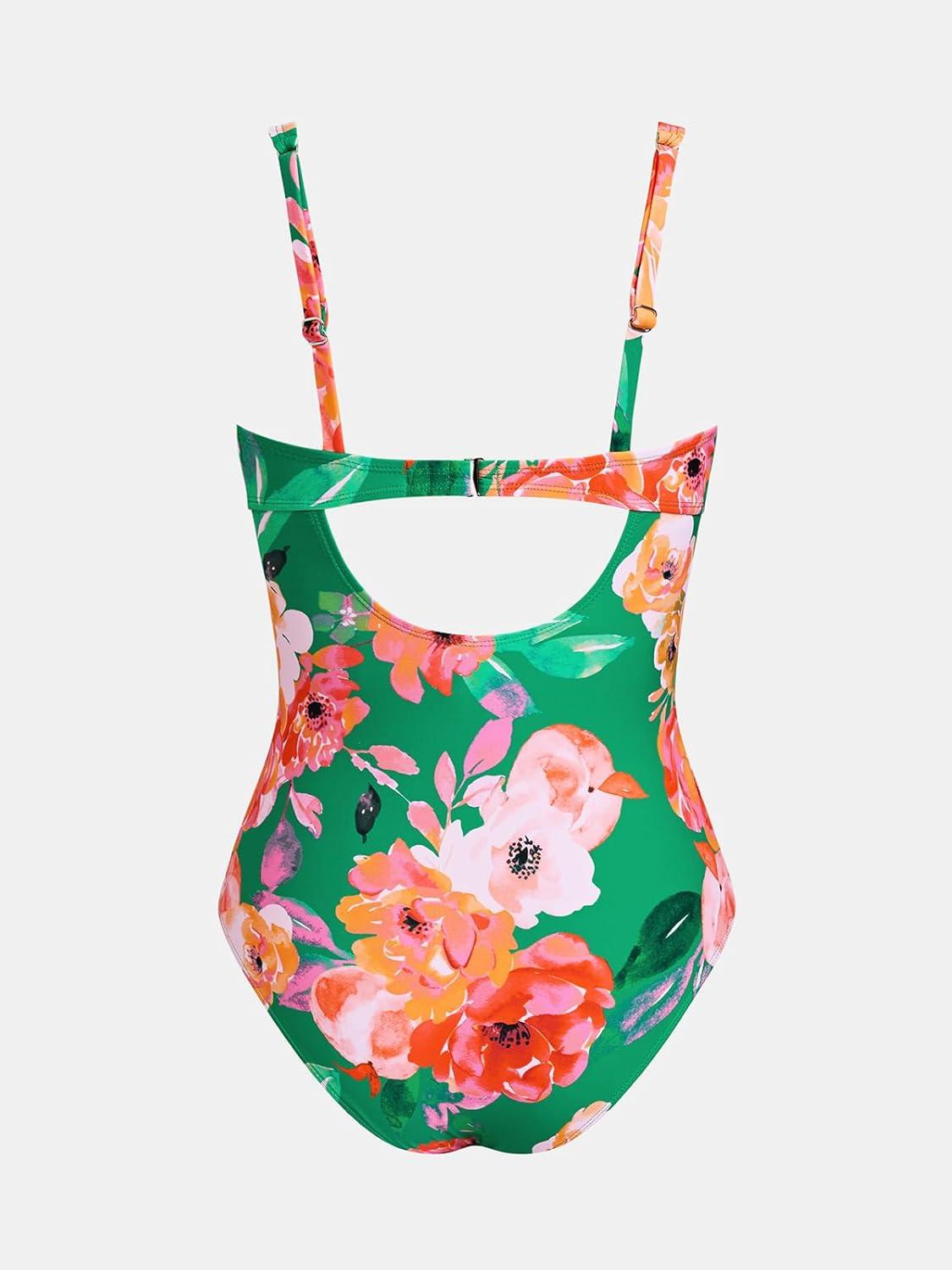 imageCUPSHE Womens One Piece Swimsuit Bathing Suit Square Neck Back Cut Out Drawstring Self Tie Back HookGreenPink Floral