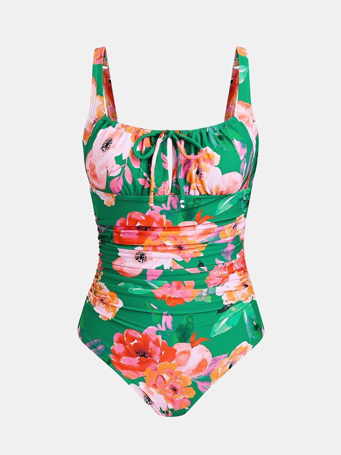 imageCUPSHE Womens One Piece Swimsuit Bathing Suit Square Neck Back Cut Out Drawstring Self Tie Back HookGreenPink Floral