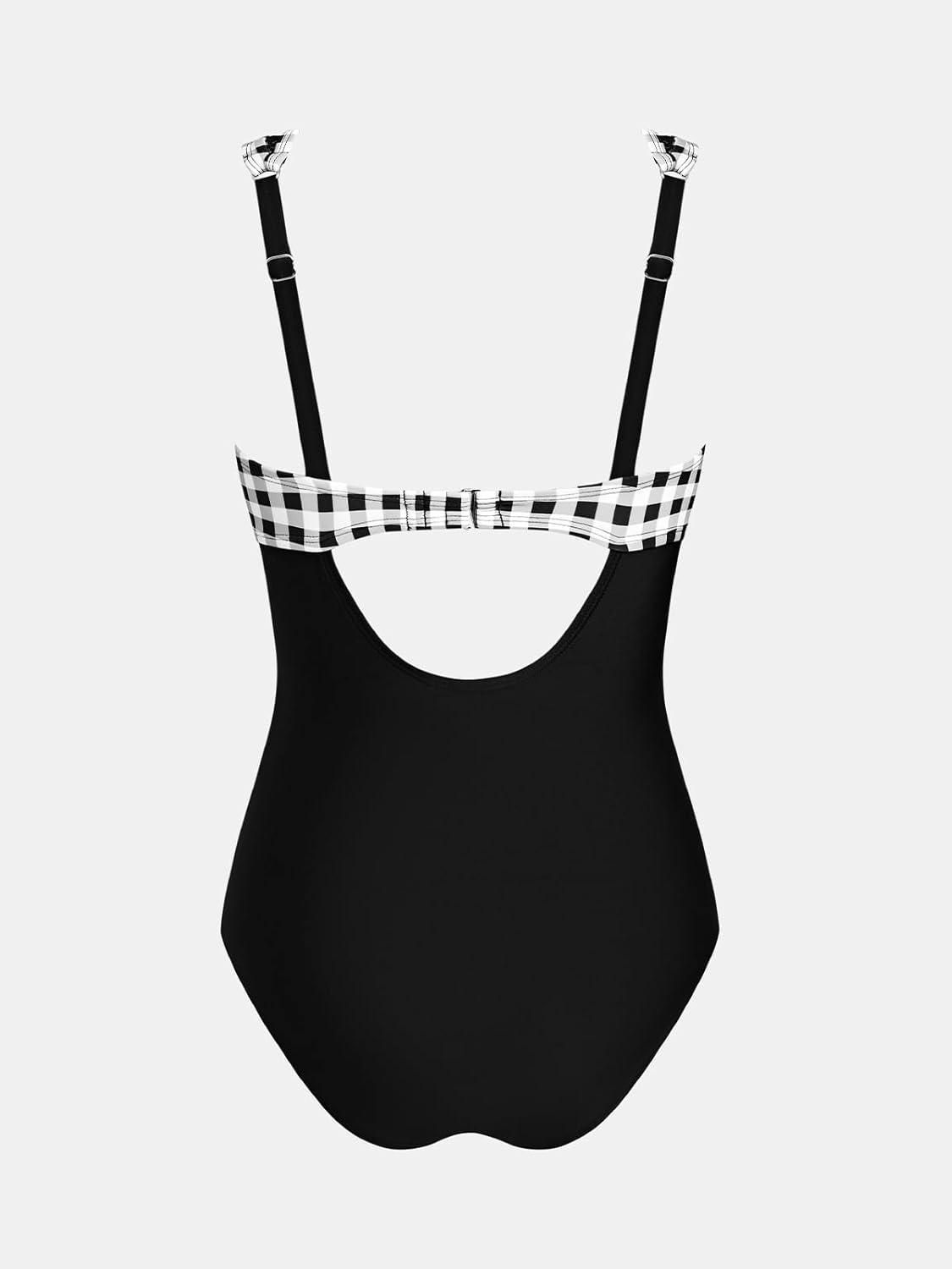 imageCUPSHE Womens One Piece Swimsuit Bathing Suit V Neck Adjustable Straps Ruched Mesh Back HookBlack WhiteGingham
