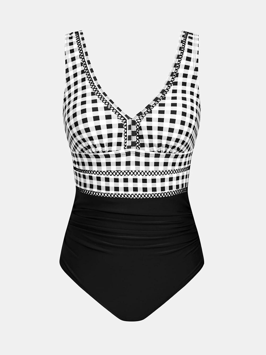 imageCUPSHE Womens One Piece Swimsuit Bathing Suit V Neck Adjustable Straps Ruched Mesh Back HookBlack WhiteGingham