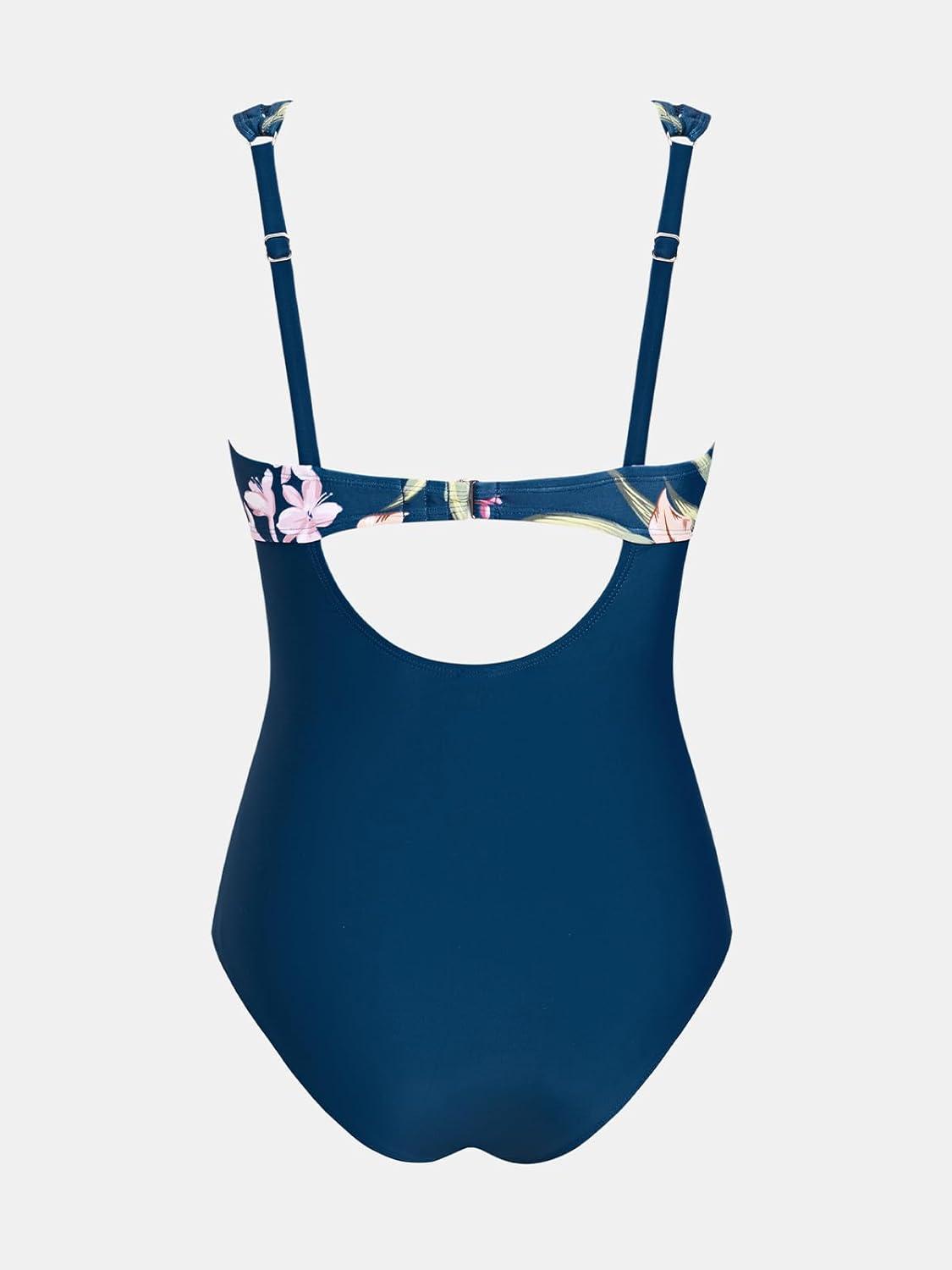 imageCUPSHE Womens One Piece Swimsuit Bathing Suit V Neck Adjustable Straps Ruched Mesh Back HookNavy BlueFloral