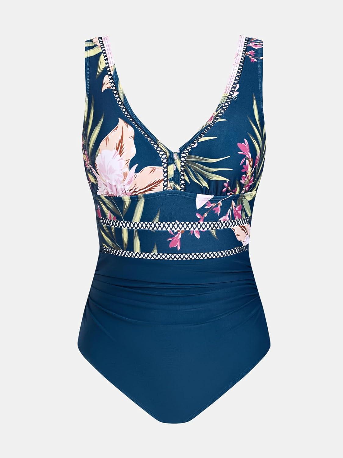 imageCUPSHE Womens One Piece Swimsuit Bathing Suit V Neck Adjustable Straps Ruched Mesh Back HookNavy BlueFloral