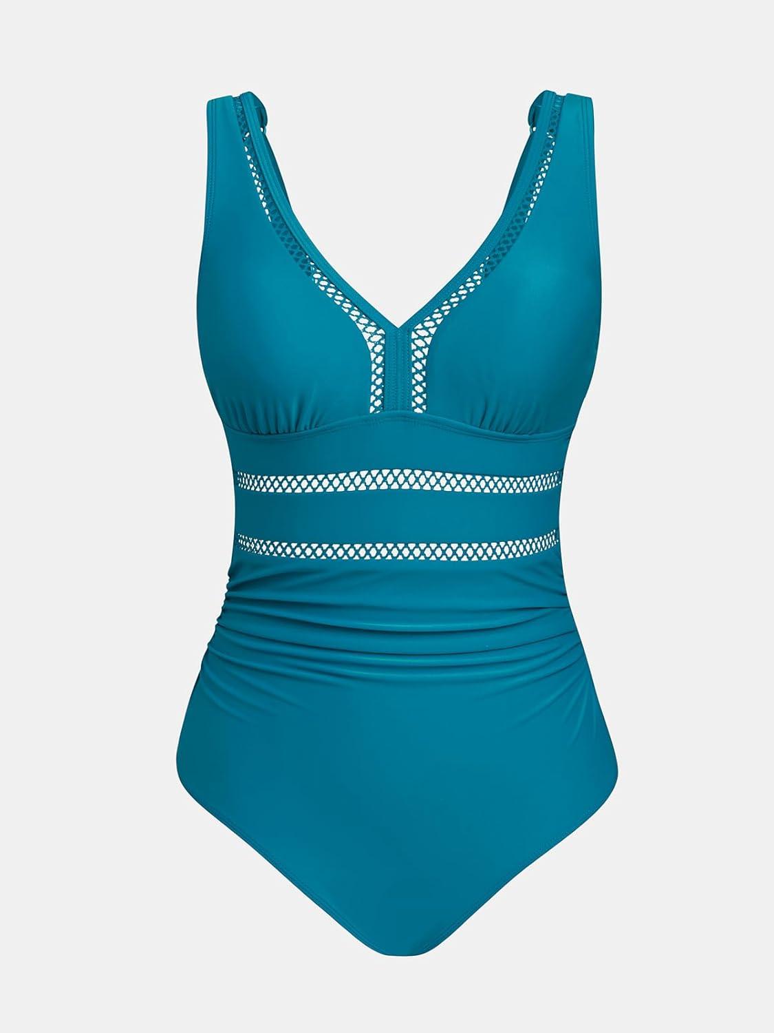 imageCUPSHE Womens One Piece Swimsuit Bathing Suit V Neck Adjustable Straps Ruched Mesh Back HookTurquoise