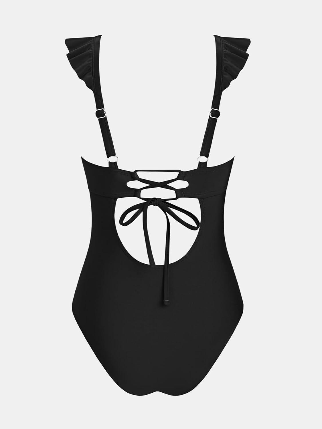 imageCUPSHE Womens One Piece Swimsuit Deep V Neck Cutout Crossback Self Tie Ruffle Adjustable Straps Bathing SuitBlack