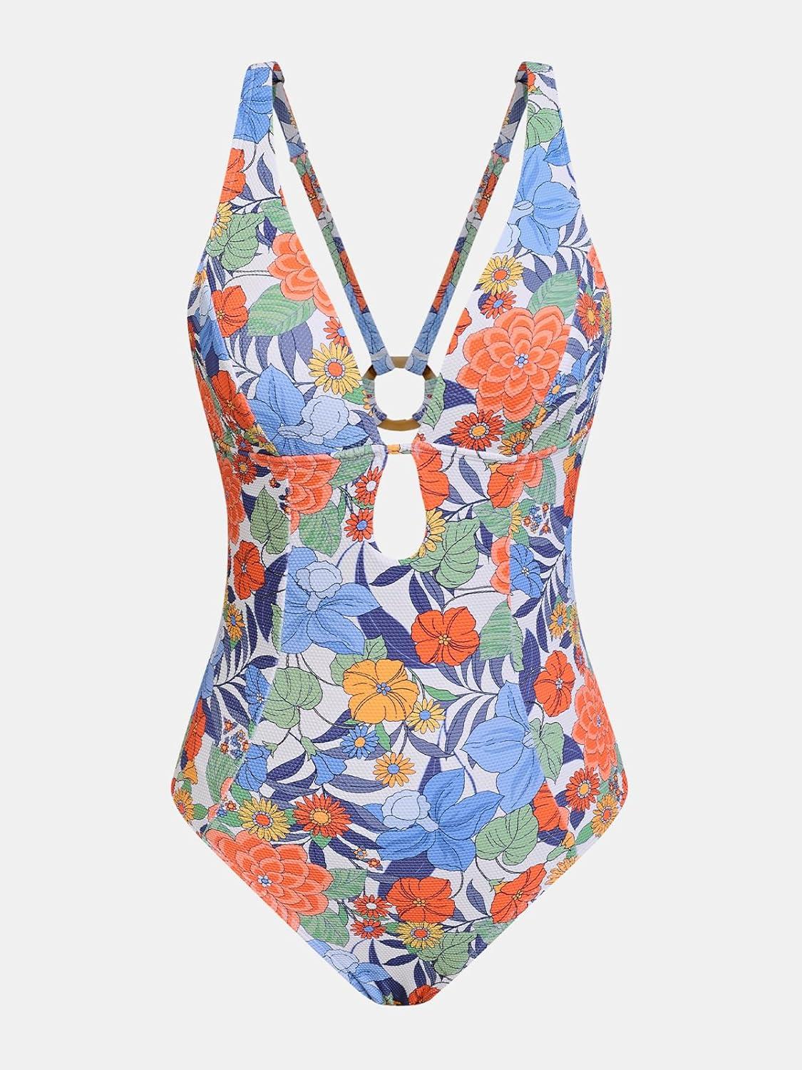 imageCUPSHE Womens One Piece Swimsuit Deep V Neck Keyhole Cutout O Ring Textured Bathing SuitMulticolor Floral