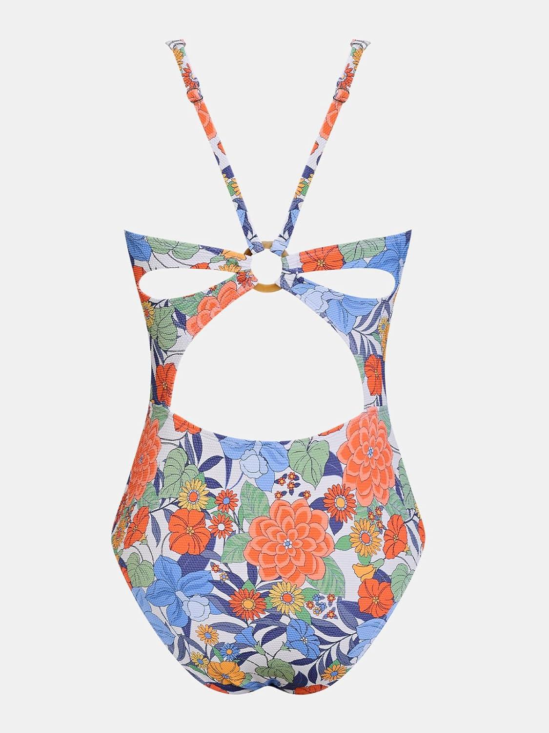 imageCUPSHE Womens One Piece Swimsuit Deep V Neck Keyhole Cutout O Ring Textured Bathing SuitMulticolor Floral