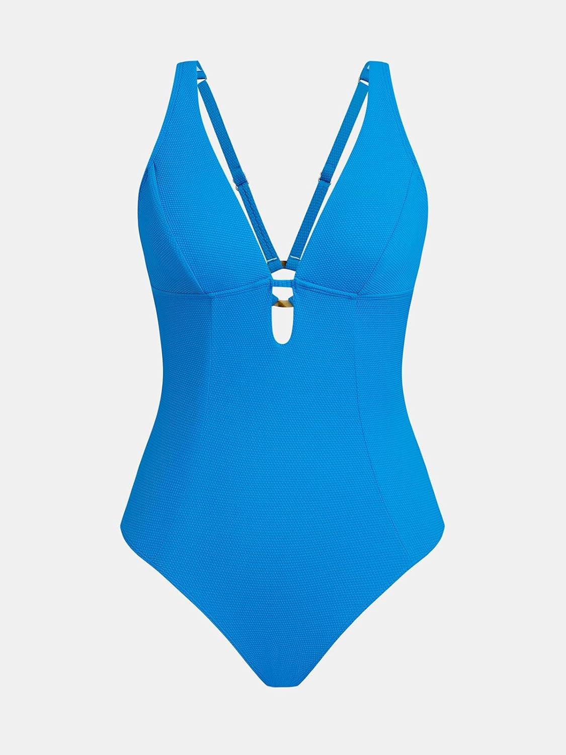 imageCUPSHE Womens One Piece Swimsuit Deep V Neck Keyhole Cutout O Ring Textured Bathing SuitRoyal Blue