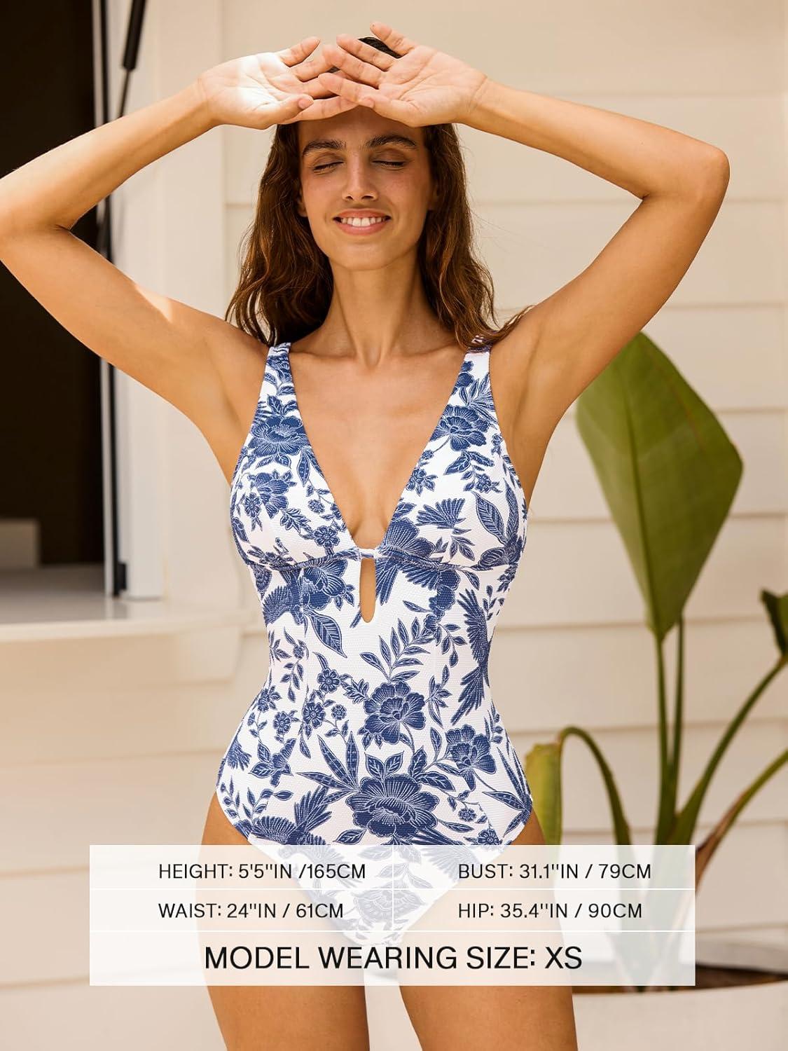 imageCUPSHE Womens One Piece Swimsuit Deep V Neck Keyhole Cutout O Ring Textured Bathing SuitWhiteNavy Floral