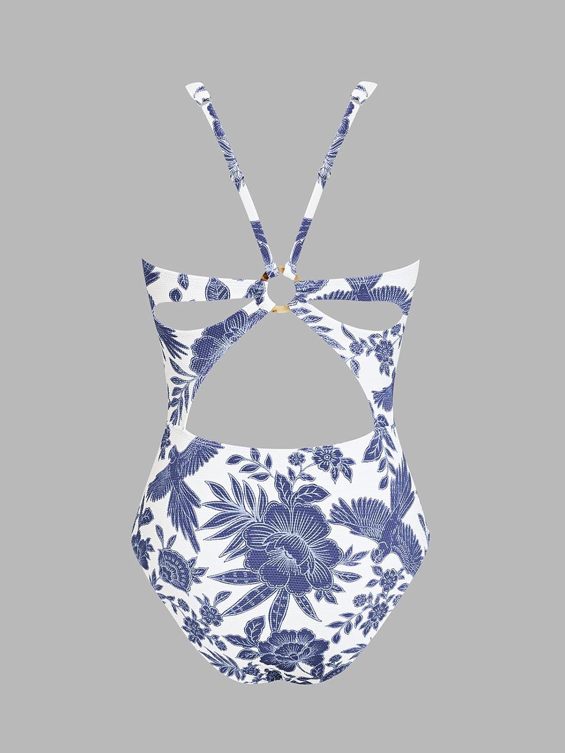 imageCUPSHE Womens One Piece Swimsuit Deep V Neck Keyhole Cutout O Ring Textured Bathing SuitWhiteNavy Floral