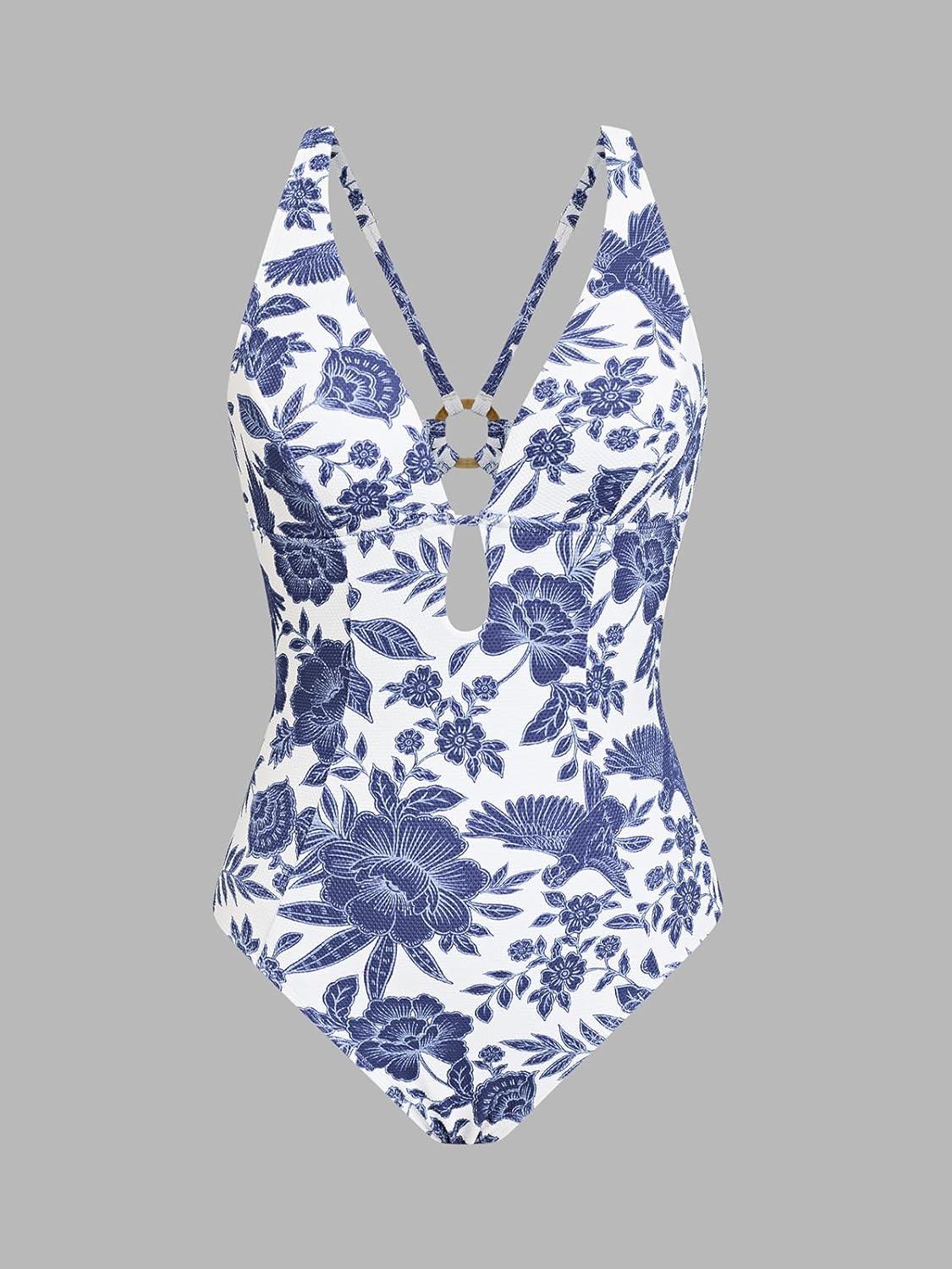 imageCUPSHE Womens One Piece Swimsuit Deep V Neck Keyhole Cutout O Ring Textured Bathing SuitWhiteNavy Floral