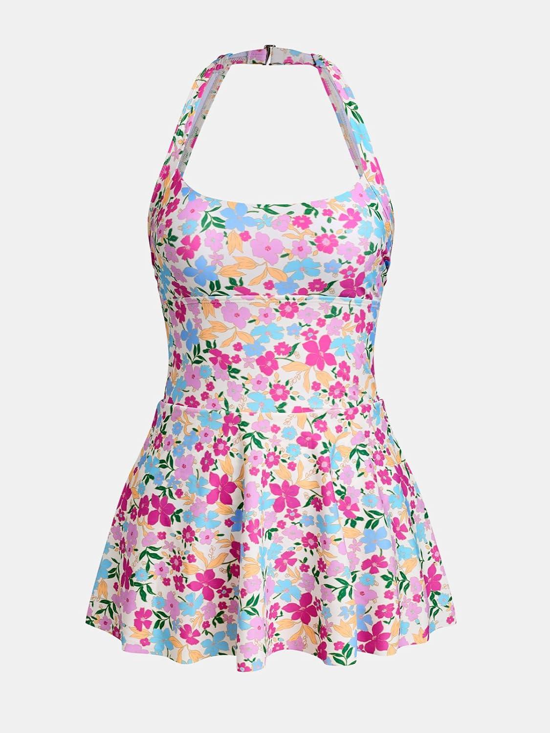 imageCUPSHE Womens One Piece Swimsuit Halter Swim Dress Scoop Neck Slimming Bathing Suit Swim Skirt ModestPink Floral