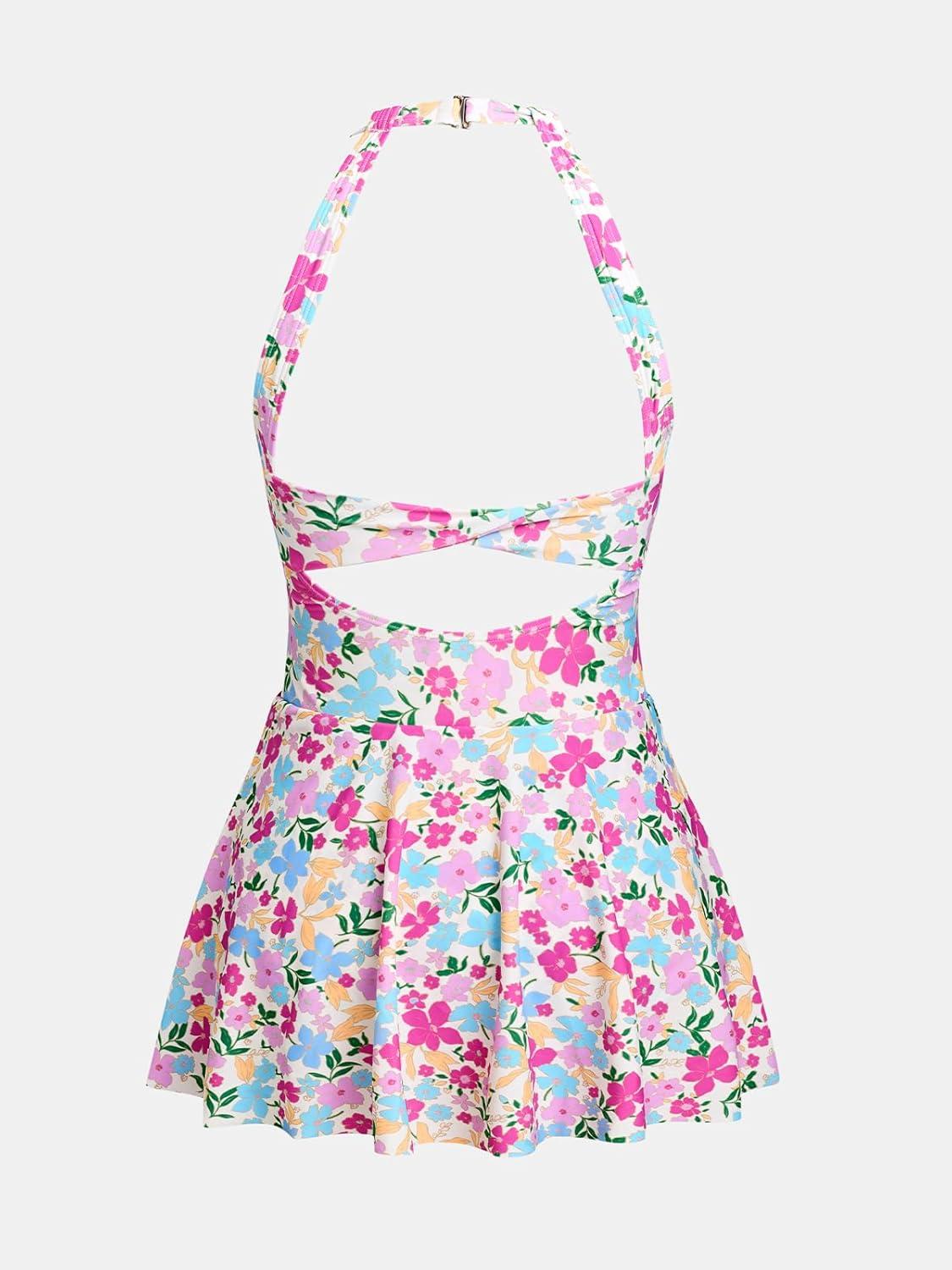 imageCUPSHE Womens One Piece Swimsuit Halter Swim Dress Scoop Neck Slimming Bathing Suit Swim Skirt ModestPink Floral