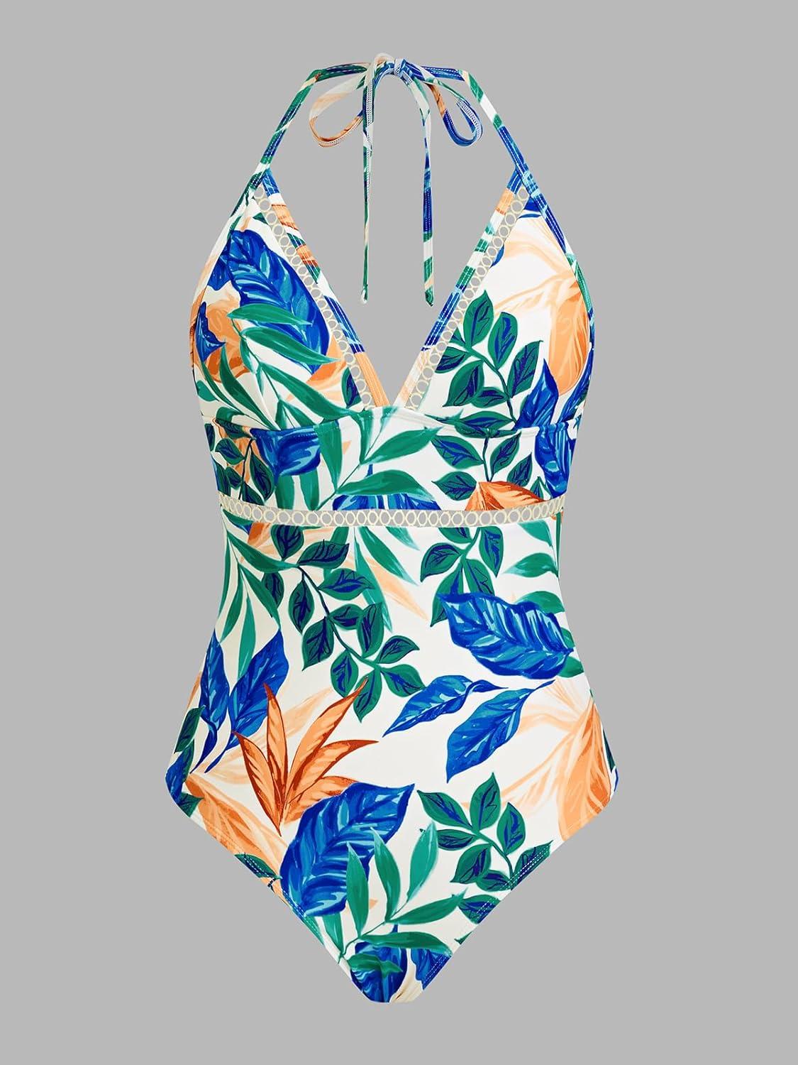 imageCUPSHE Womens One Piece Swimsuit Halter V Neck Crochet Bathing Suit Cutout Back Adjustable Straps Self Tie SpaghettiBlueGreen Floral