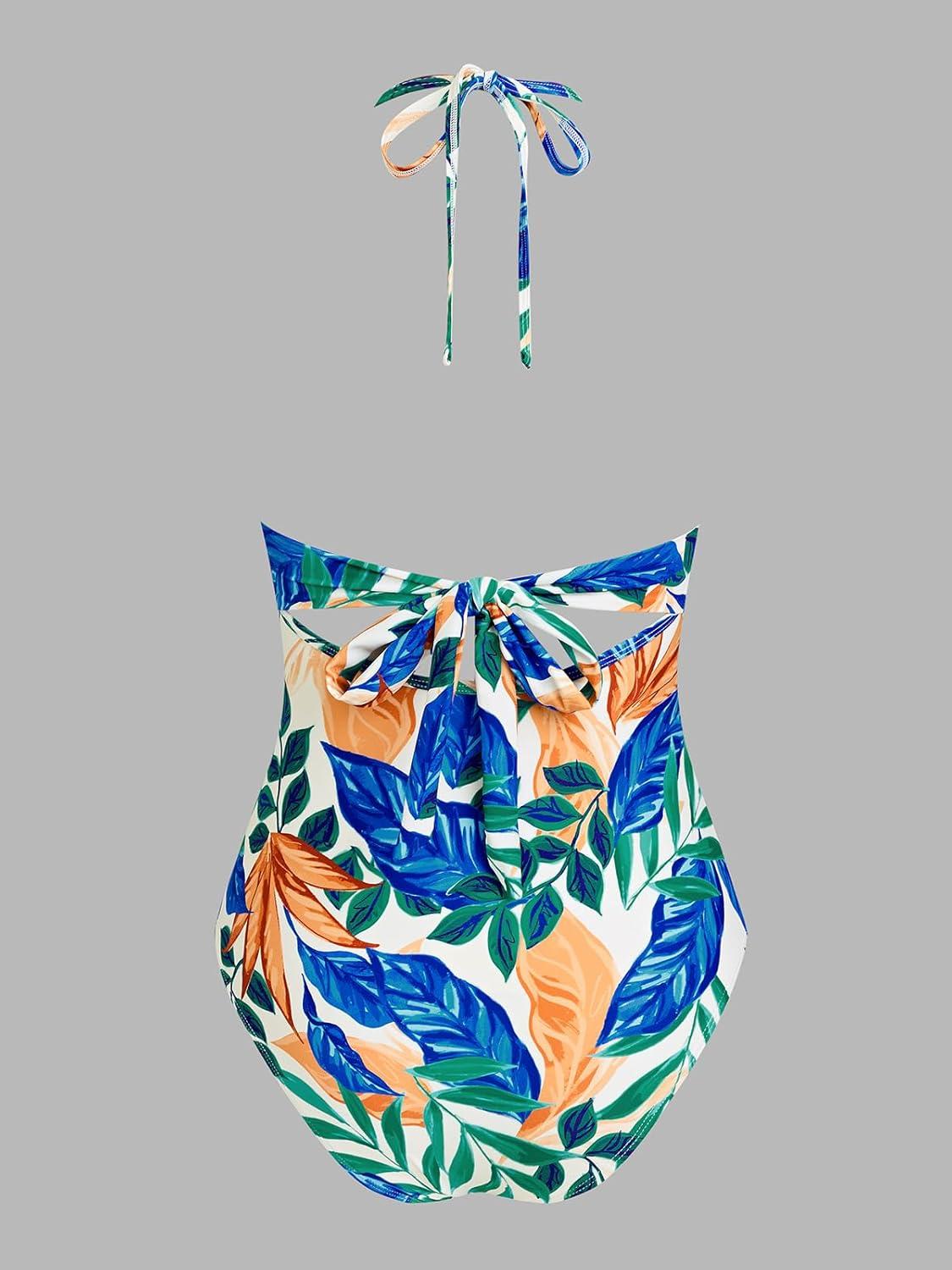 imageCUPSHE Womens One Piece Swimsuit Halter V Neck Crochet Bathing Suit Cutout Back Adjustable Straps Self Tie SpaghettiBlueGreen Floral