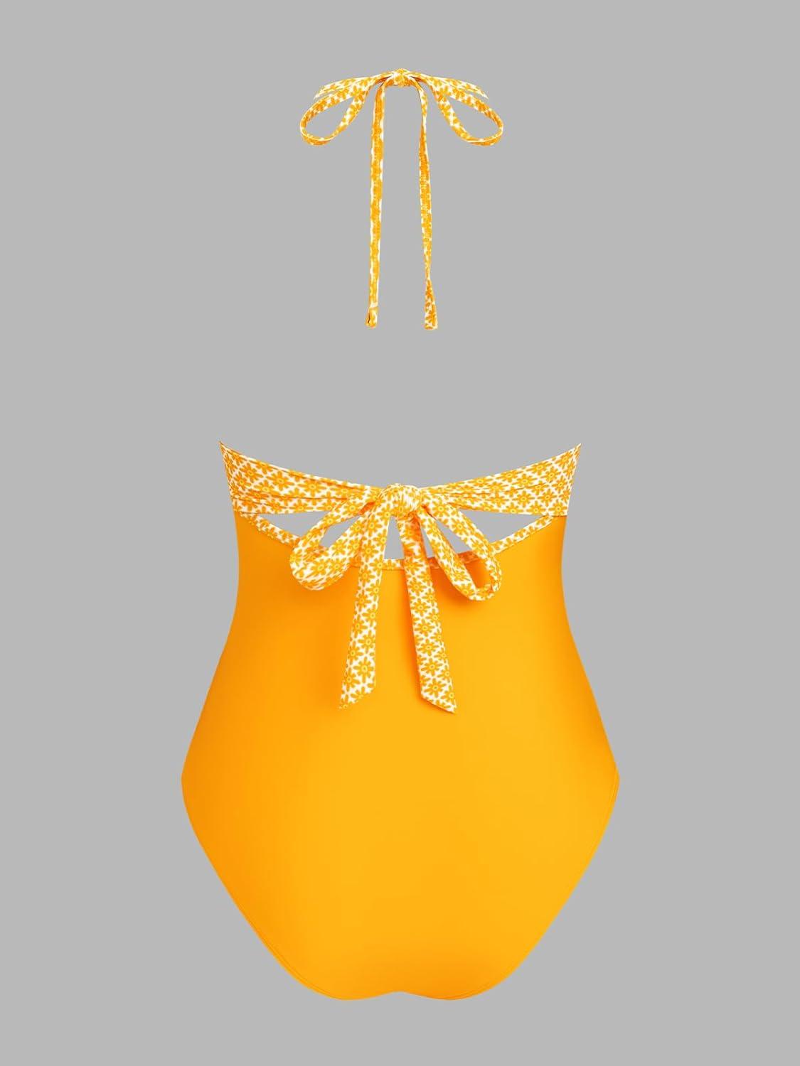 imageCUPSHE Womens One Piece Swimsuit Halter V Neck Crochet Bathing Suit Cutout Back Adjustable Straps Self Tie SpaghettiYellow Floral