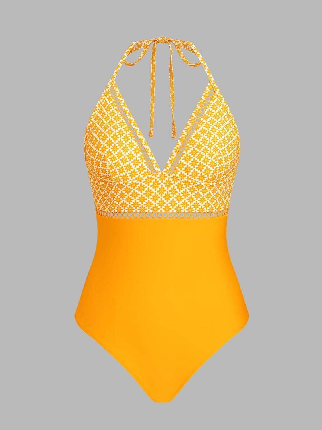 imageCUPSHE Womens One Piece Swimsuit Halter V Neck Crochet Bathing Suit Cutout Back Adjustable Straps Self Tie SpaghettiYellow Floral
