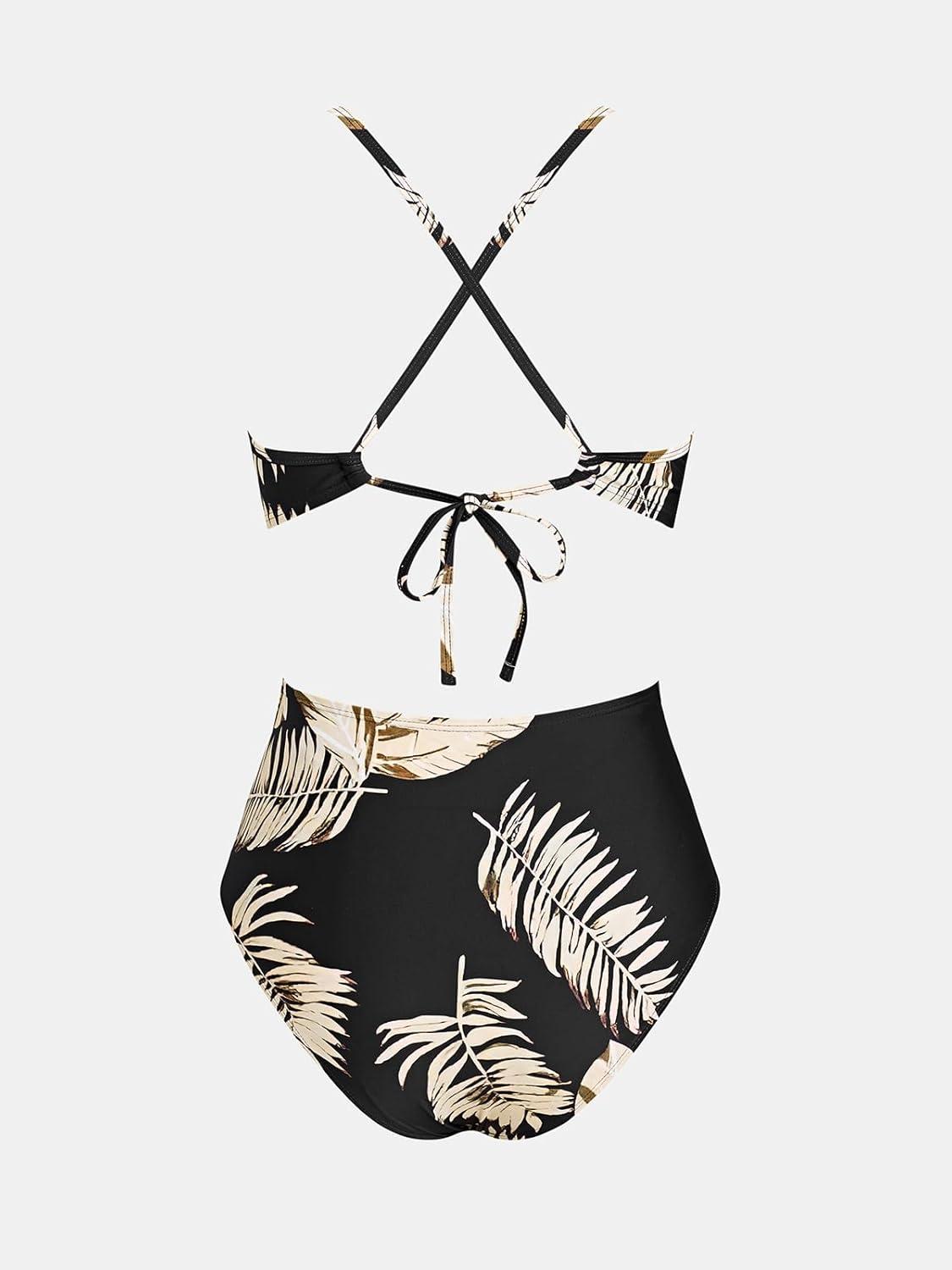 imageCUPSHE Womens One Piece Swimsuit Plunging Neck Cutouts Bathing Suit Textured Ruched Crisscross Back Self Tie SwimwearBlackLeaf